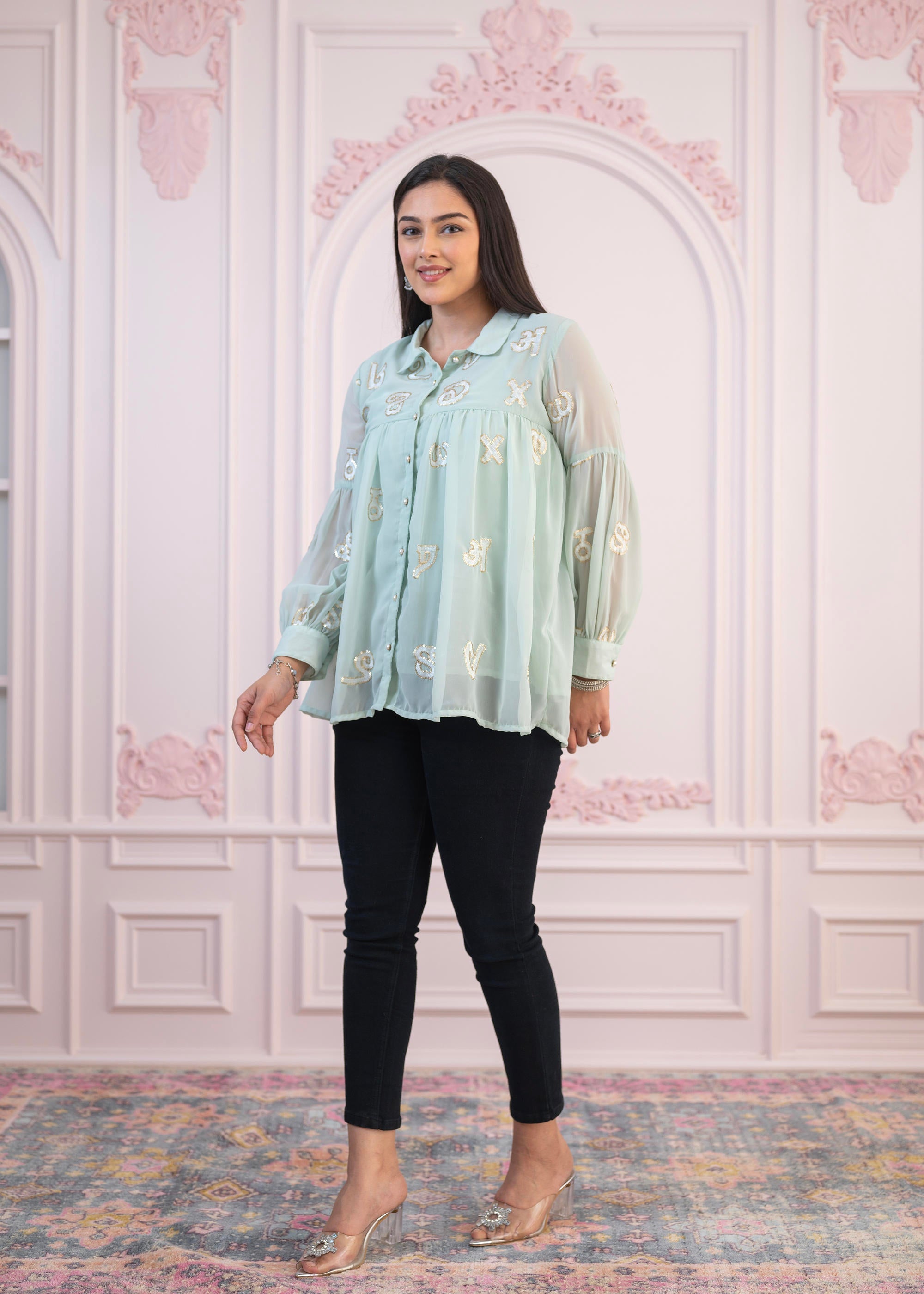 Mint Embroidered Cotton Kurta with button