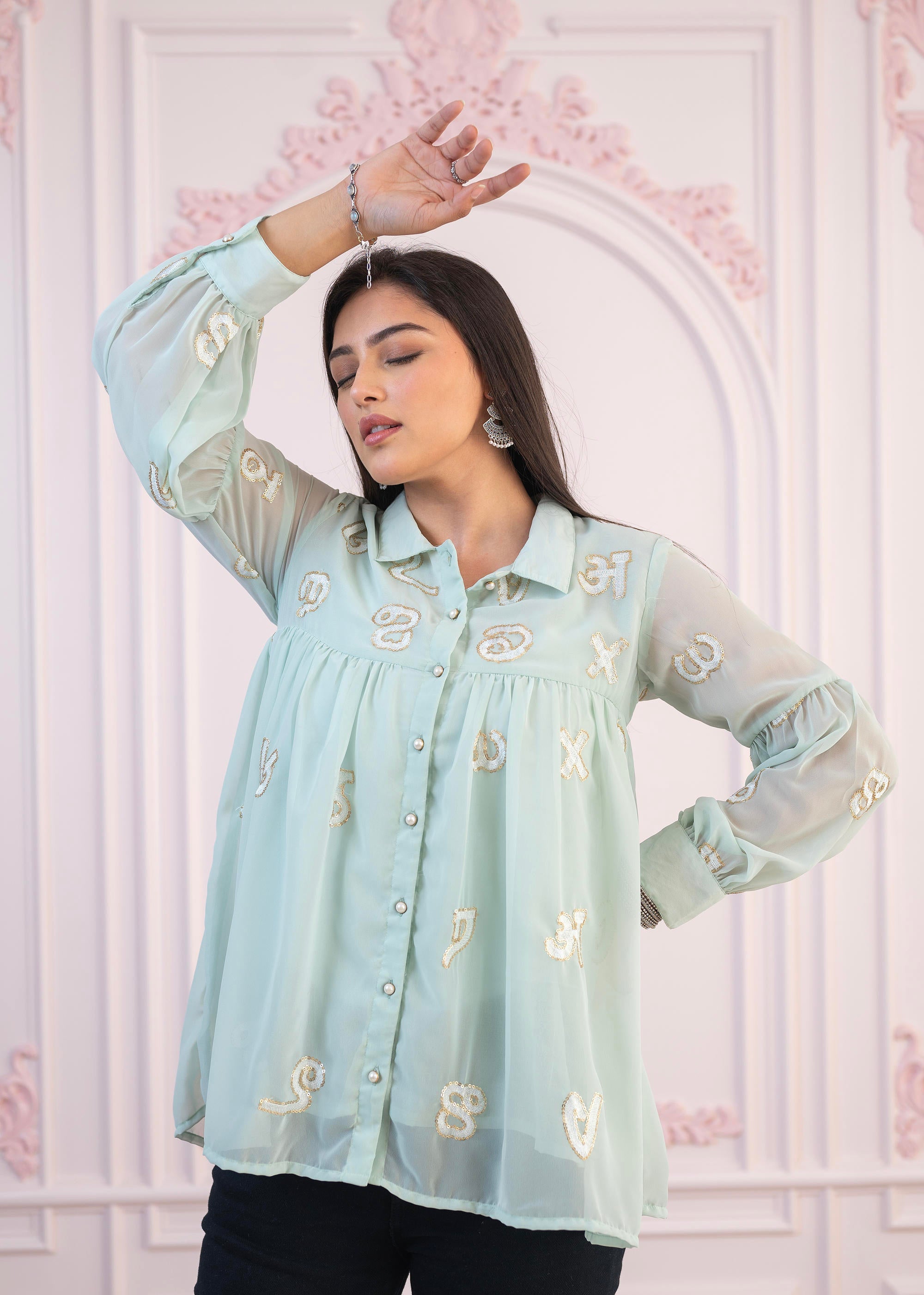 Mint Embroidered Cotton Kurta with button