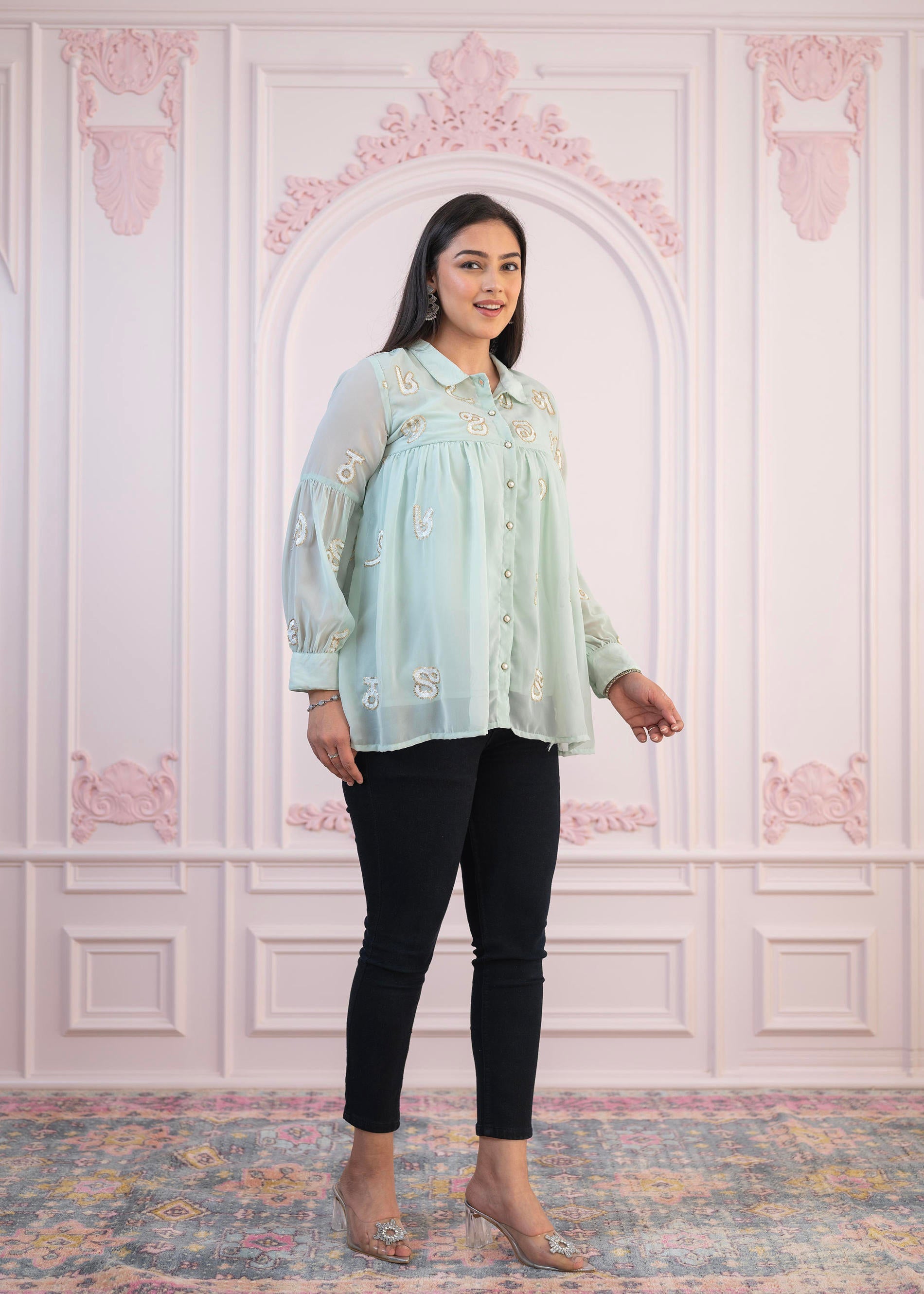 Mint Embroidered Cotton Kurta with button