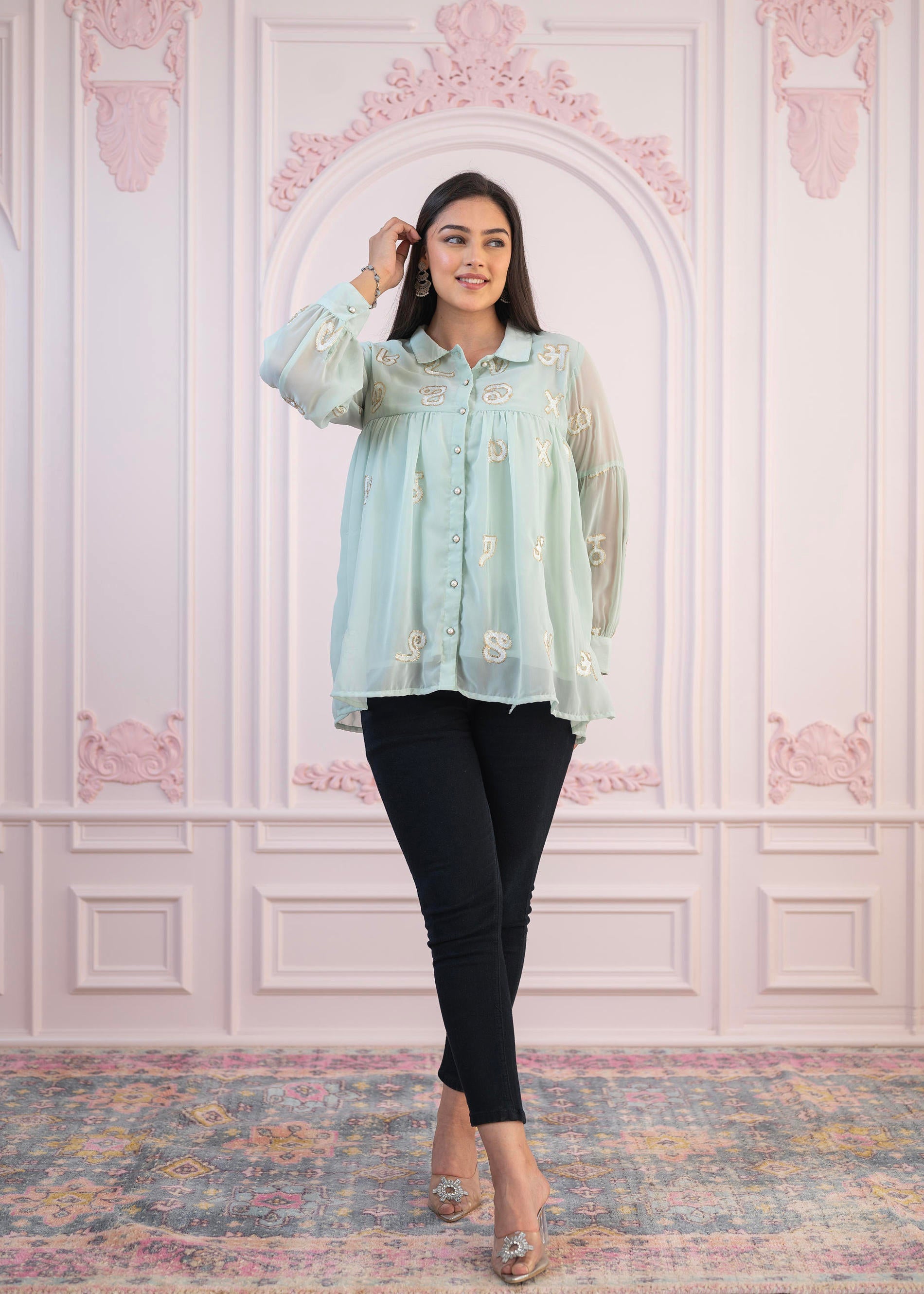 Mint Embroidered Cotton Kurta with button