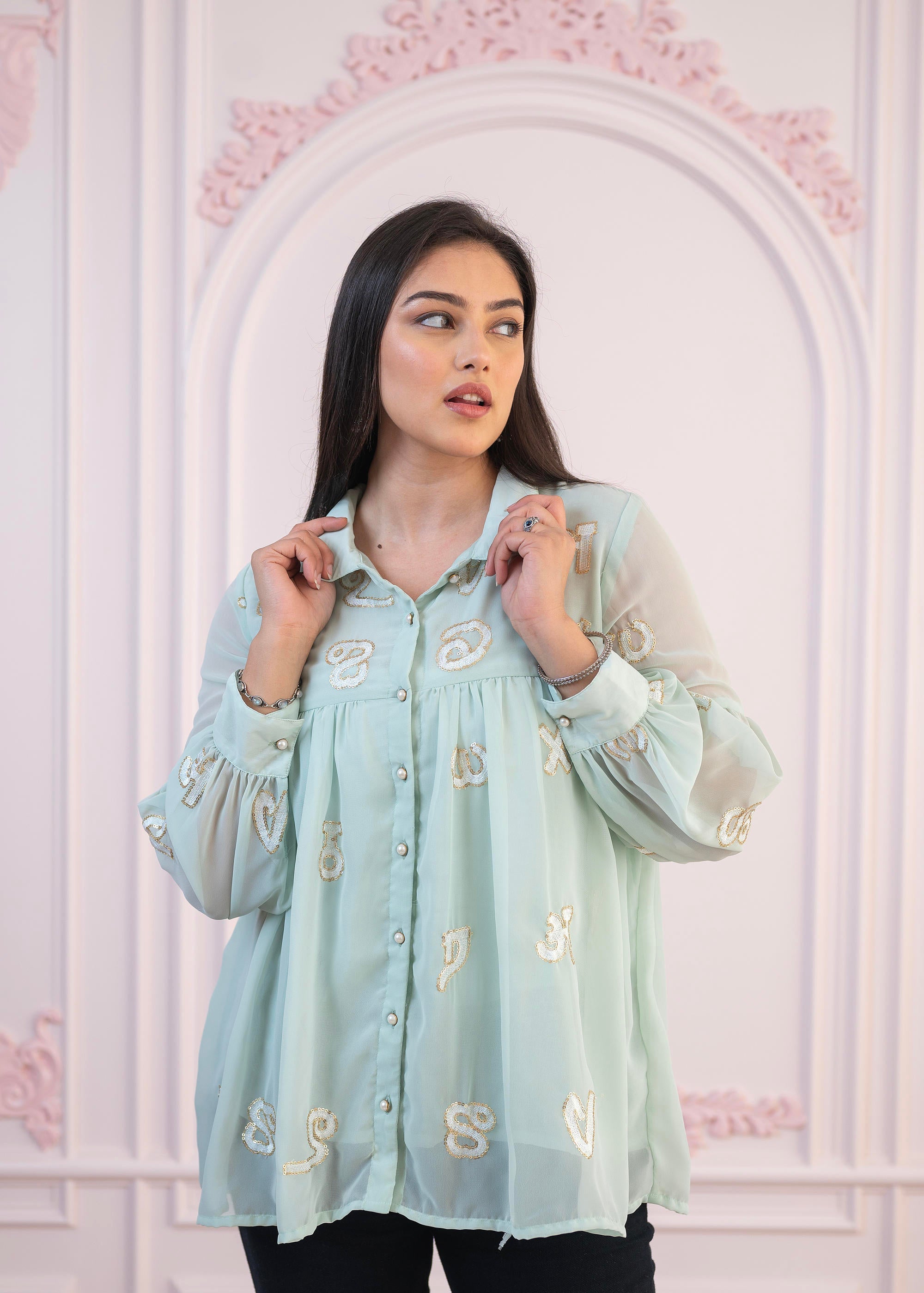 Mint Embroidered Cotton Kurta with button