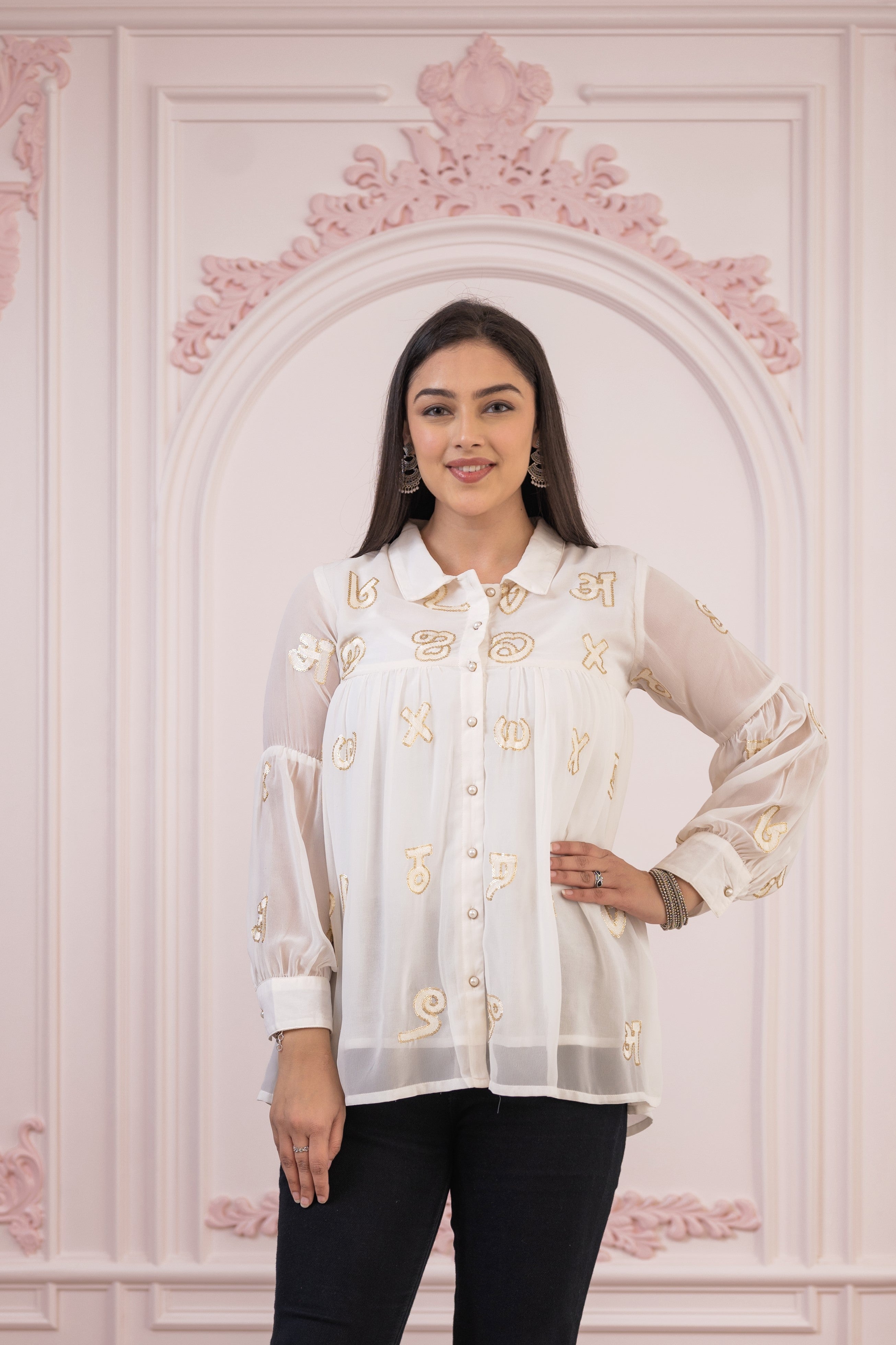 White embroiderd and sequince tunic with buttons