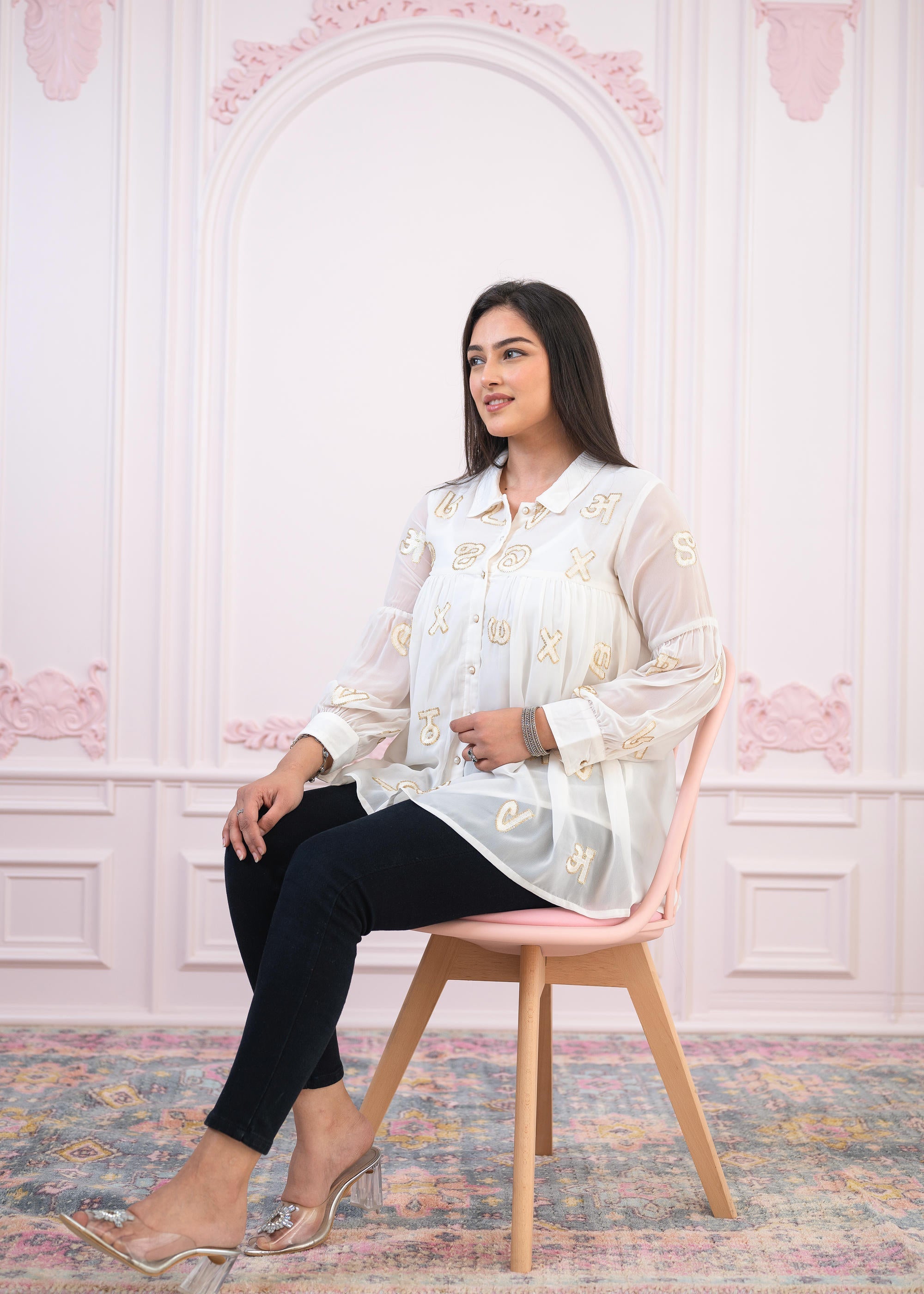 White embroiderd and sequince tunic with buttons