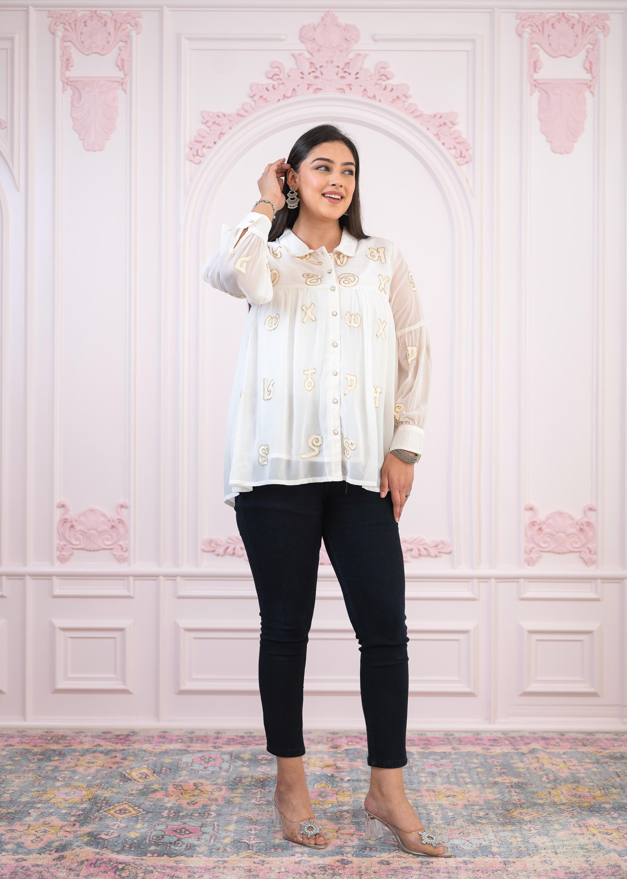 White embroiderd and sequince tunic with buttons
