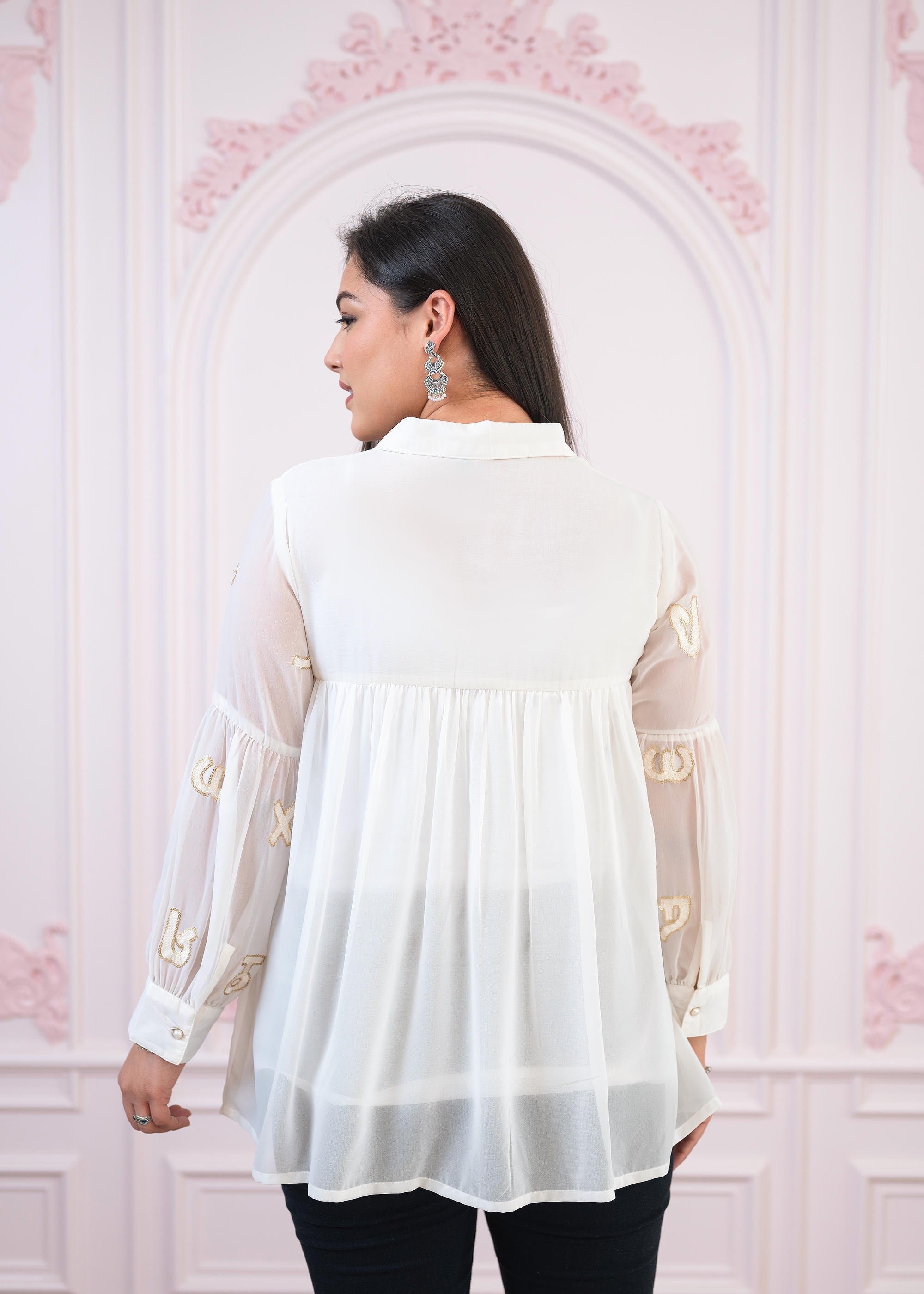White embroiderd and sequince tunic with buttons