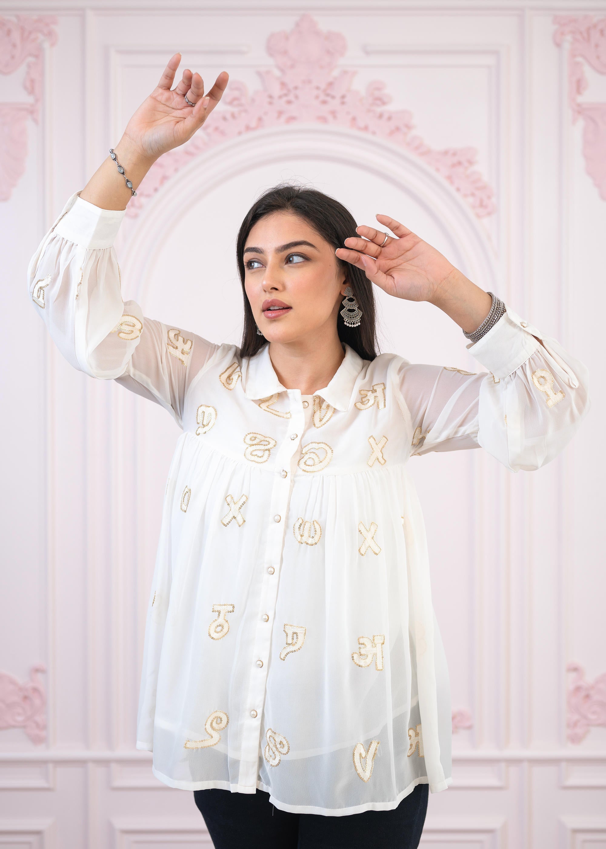 White embroiderd and sequince tunic with buttons