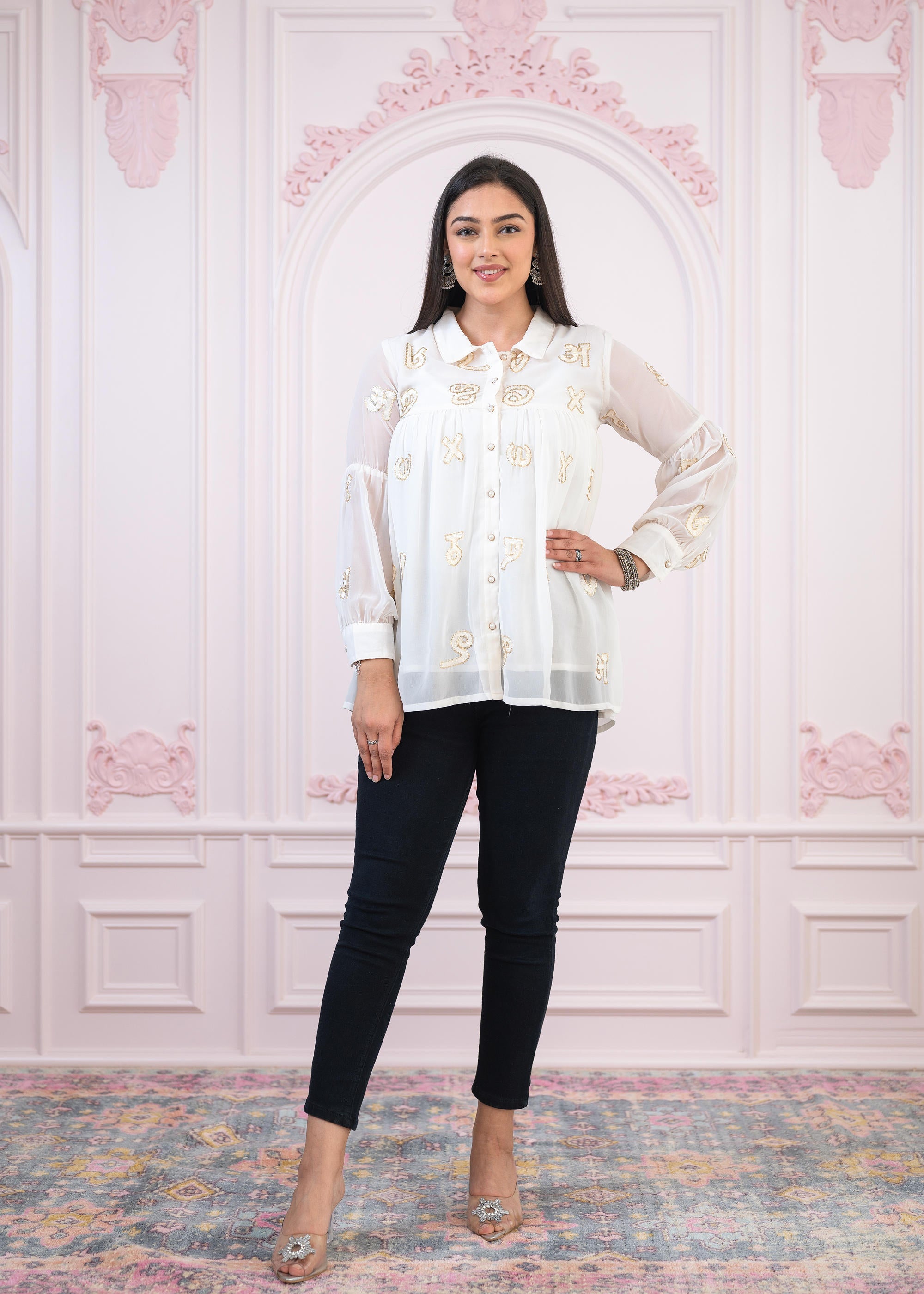 White embroiderd and sequince tunic with buttons