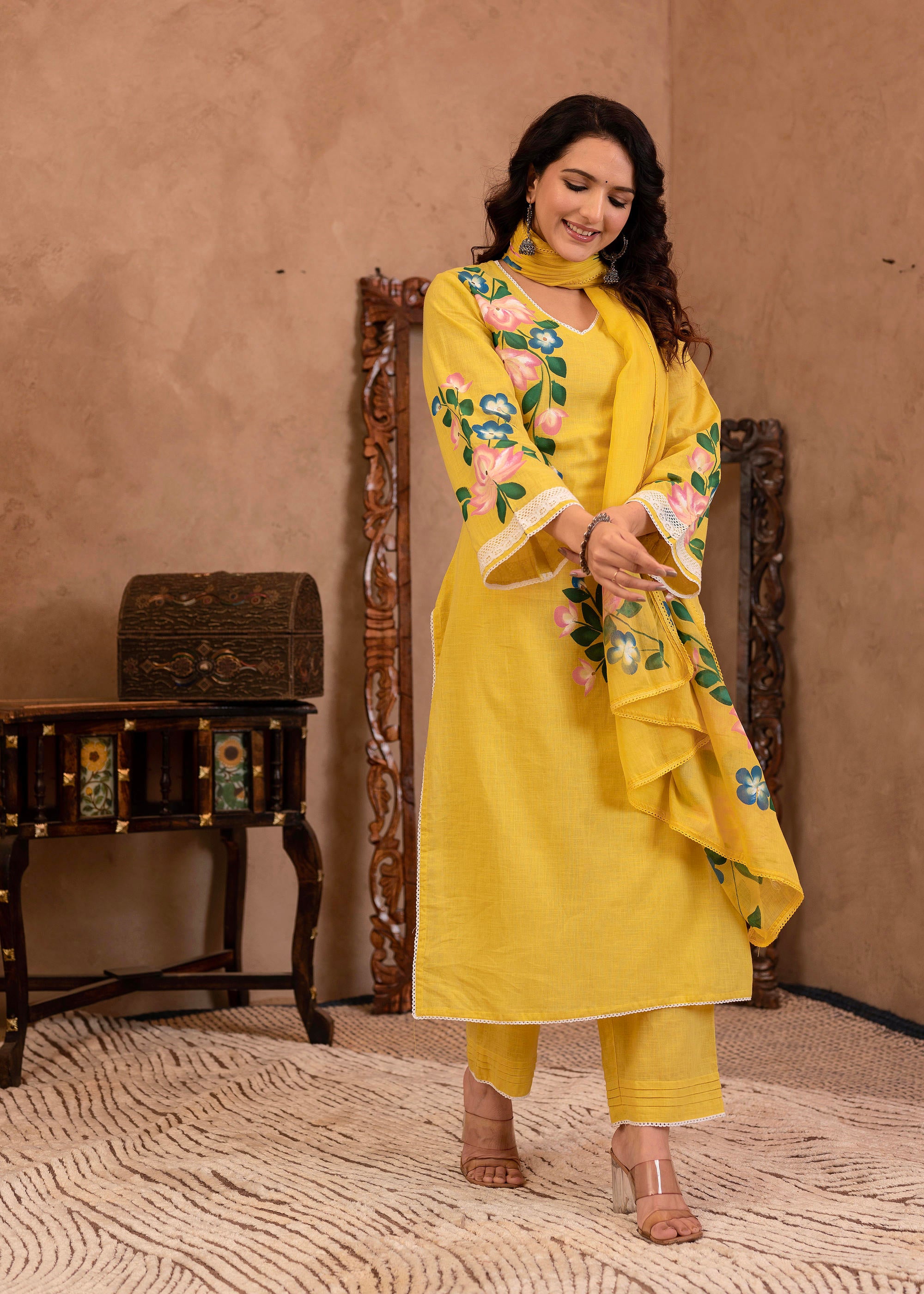 Yellow Cotton Slub Floral Printed Kurta-Pant & Dupatta Set with Lace Work