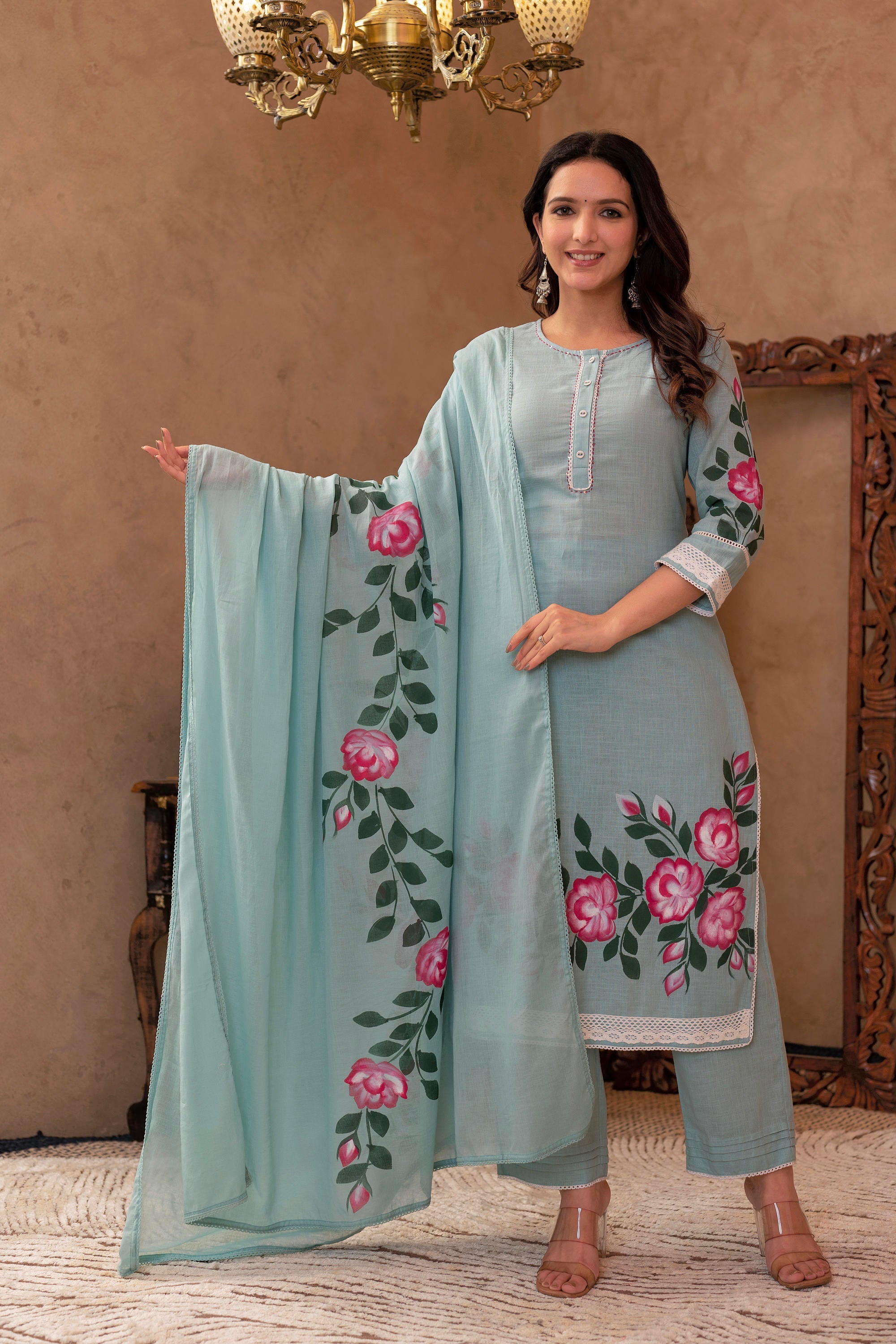 Sky Blue Cotton Slub Floral Printed Kurta-Pant & Dupatta Set with Lace, Thread Work & Button Closure