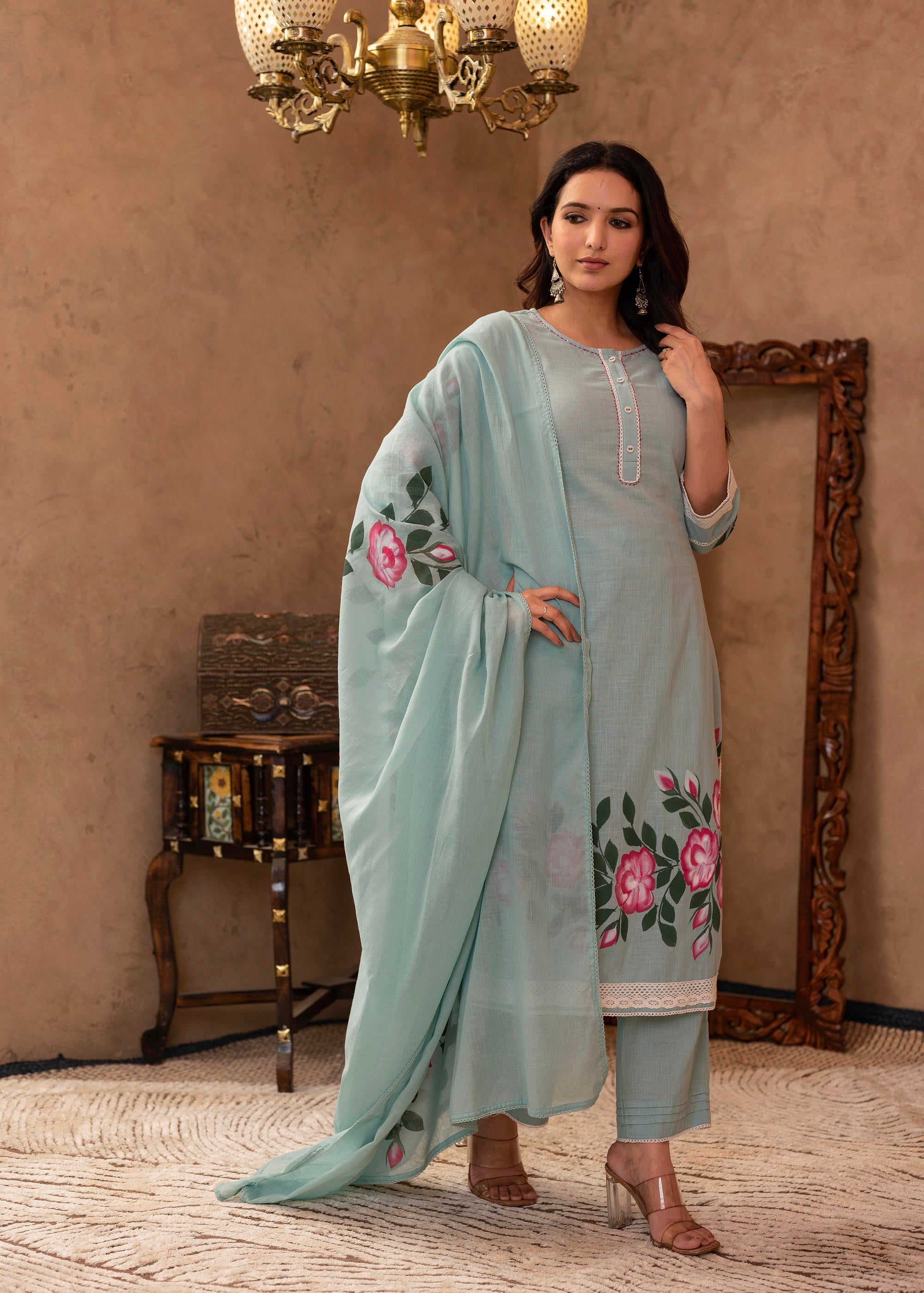 Sky Blue Cotton Slub Floral Printed Kurta-Pant & Dupatta Set with Lace, Thread Work & Button Closure