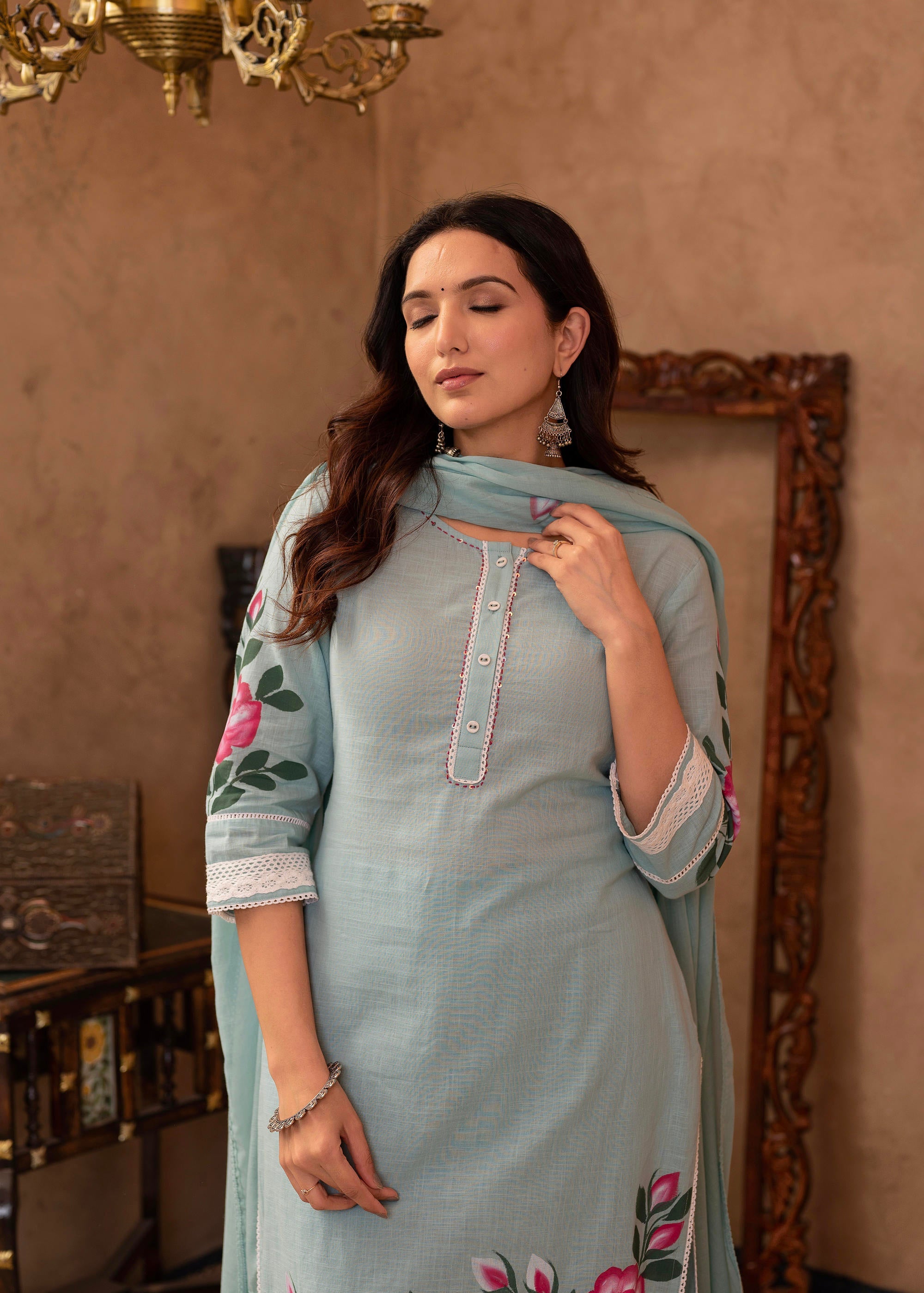 Sky Blue Cotton Slub Floral Printed Kurta-Pant & Dupatta Set with Lace, Thread Work & Button Closure