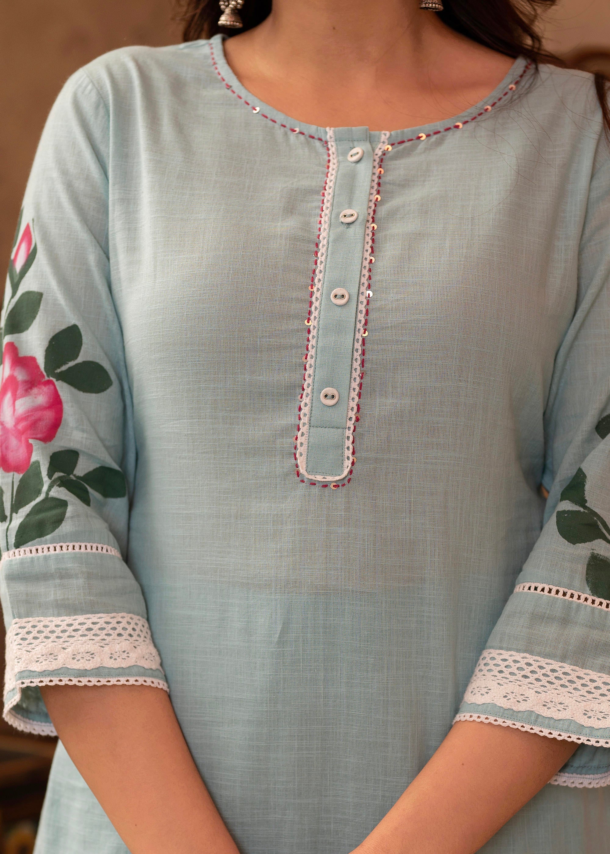 Sky Blue Cotton Slub Floral Printed Kurta-Pant & Dupatta Set with Lace, Thread Work & Button Closure