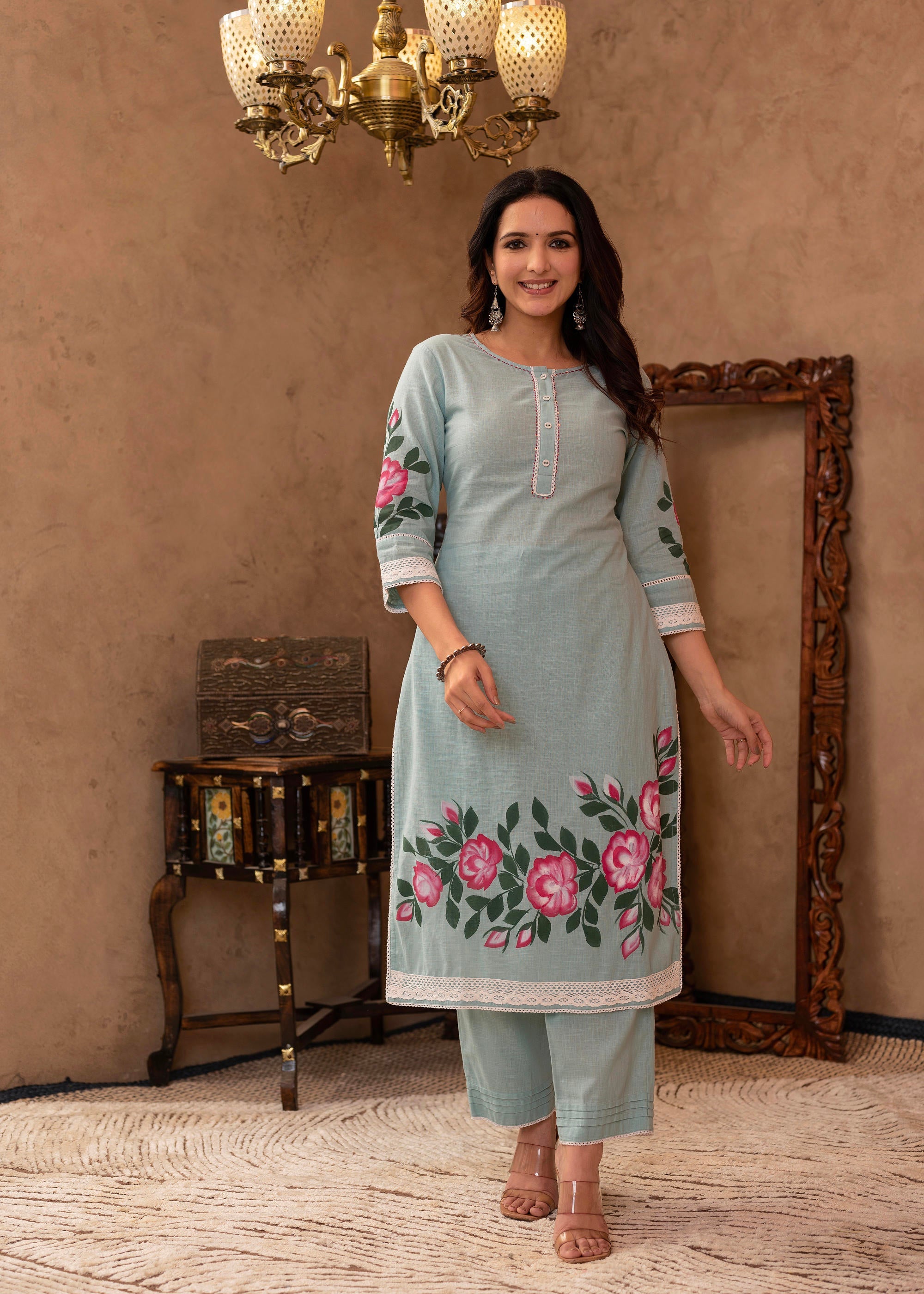 Sky Blue Cotton Slub Floral Printed Kurta-Pant & Dupatta Set with Lace, Thread Work & Button Closure