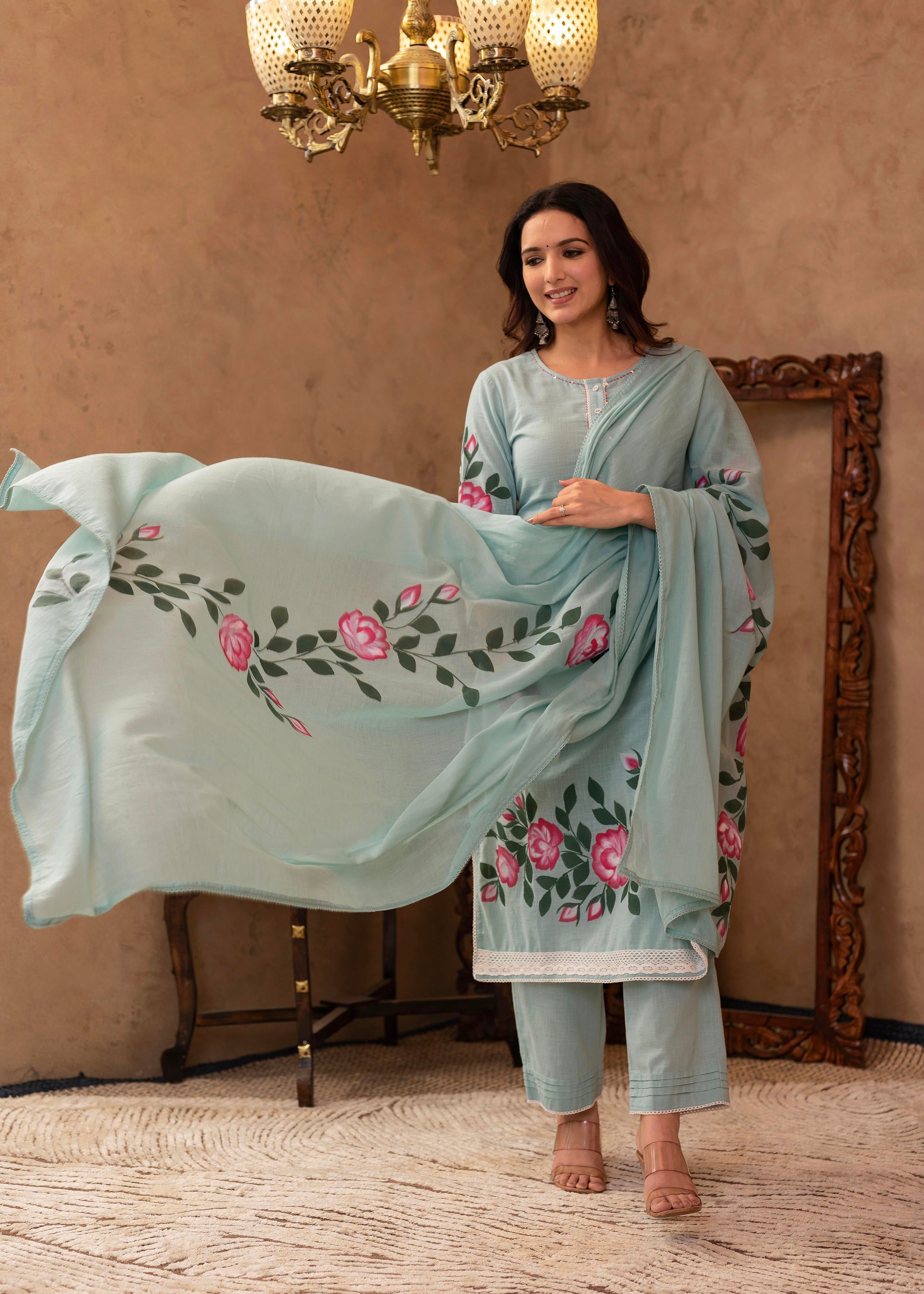 Sky Blue Cotton Slub Floral Printed Kurta-Pant & Dupatta Set with Lace, Thread Work & Button Closure