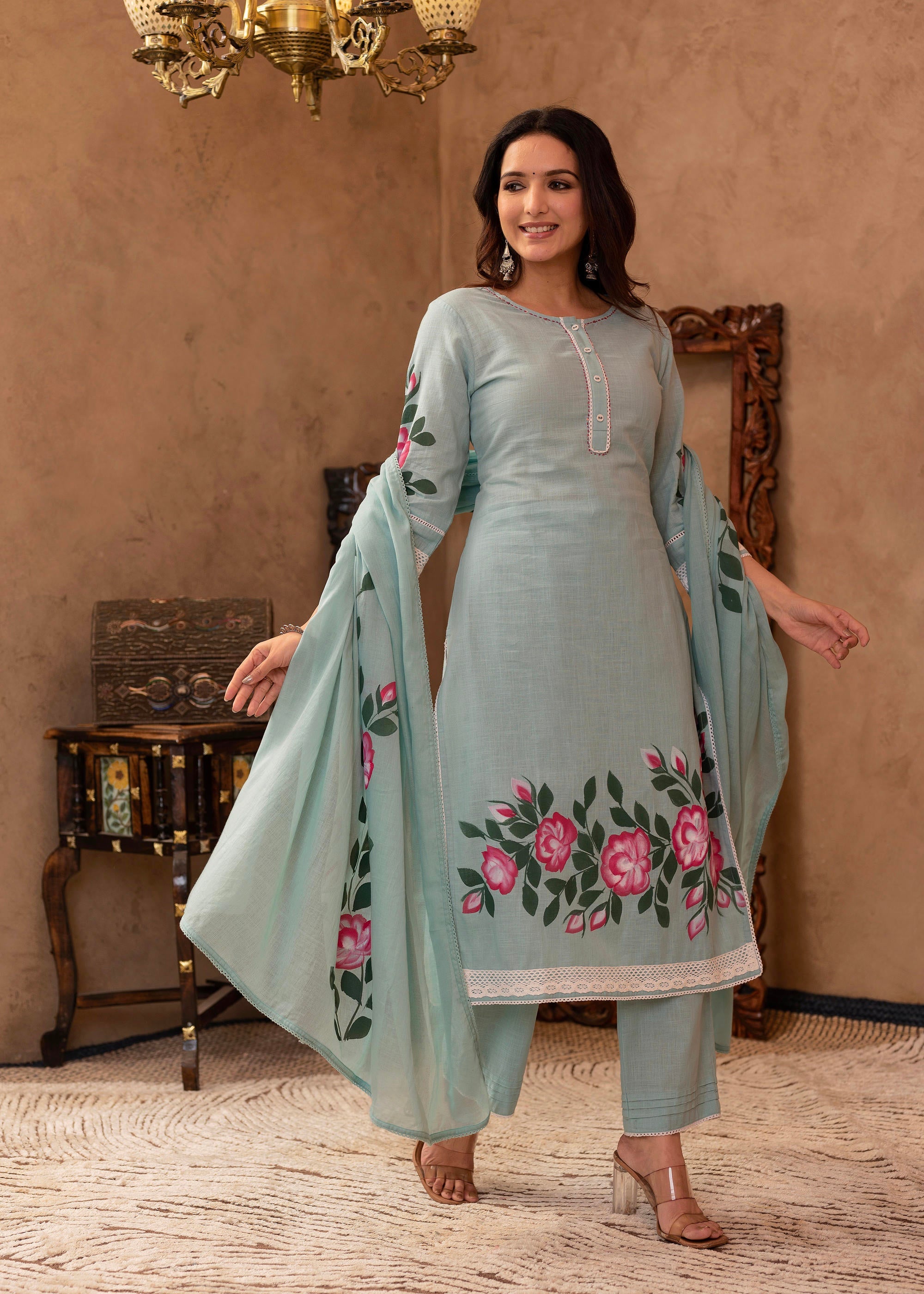 Sky Blue Cotton Slub Floral Printed Kurta-Pant & Dupatta Set with Lace, Thread Work & Button Closure