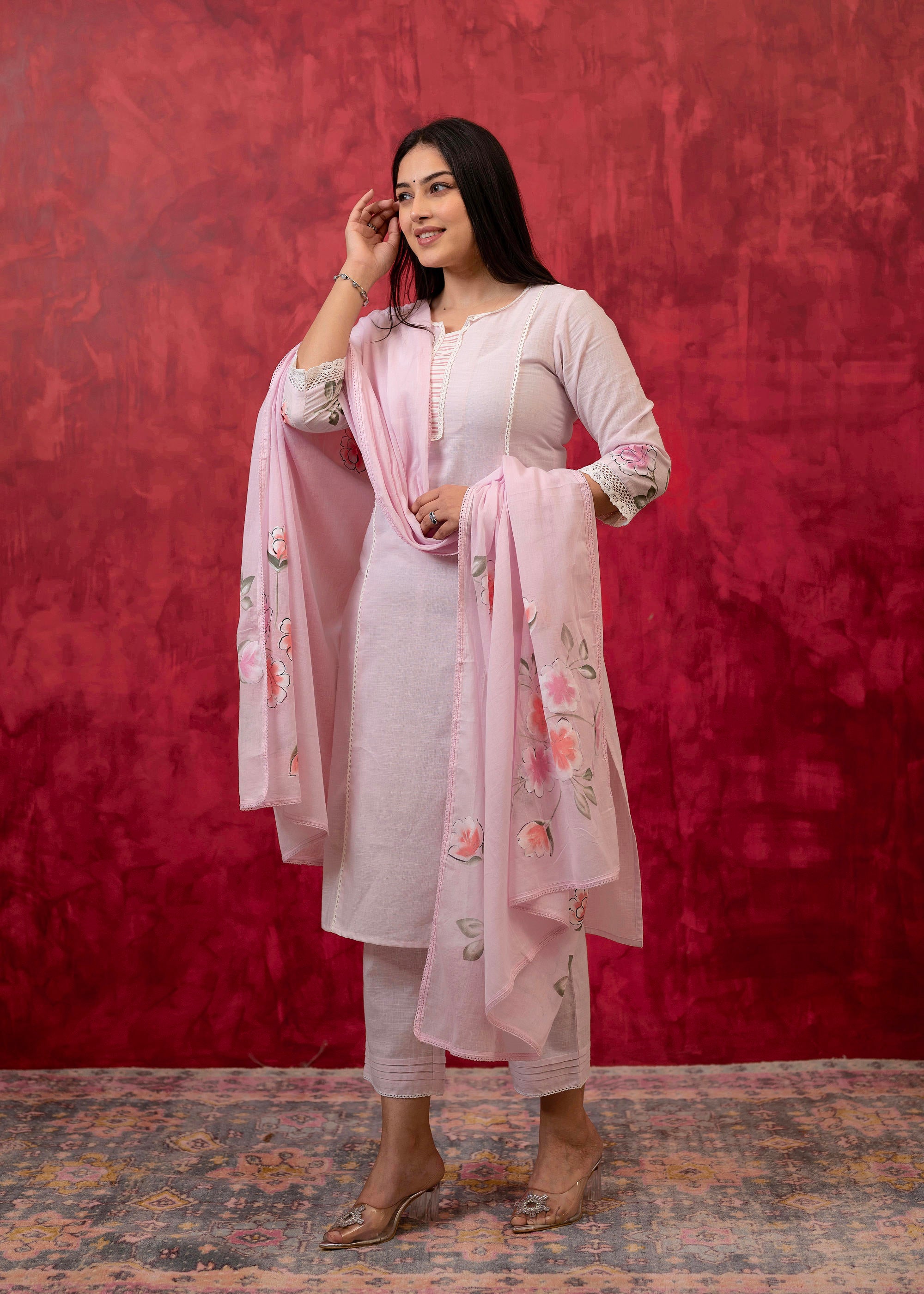 Lavender Cotton Slub Kurta-Pant Set with Lace Work & Floral Print Dupatta