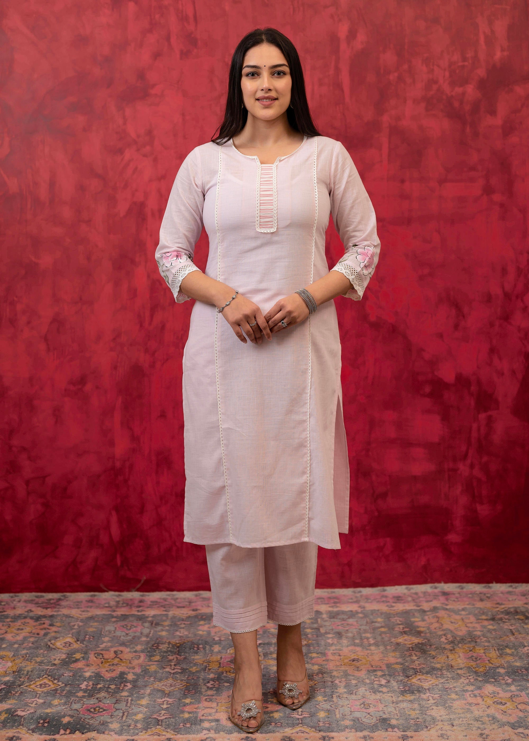 Lavender Cotton Slub Kurta-Pant Set with Lace Work & Floral Print Dupatta