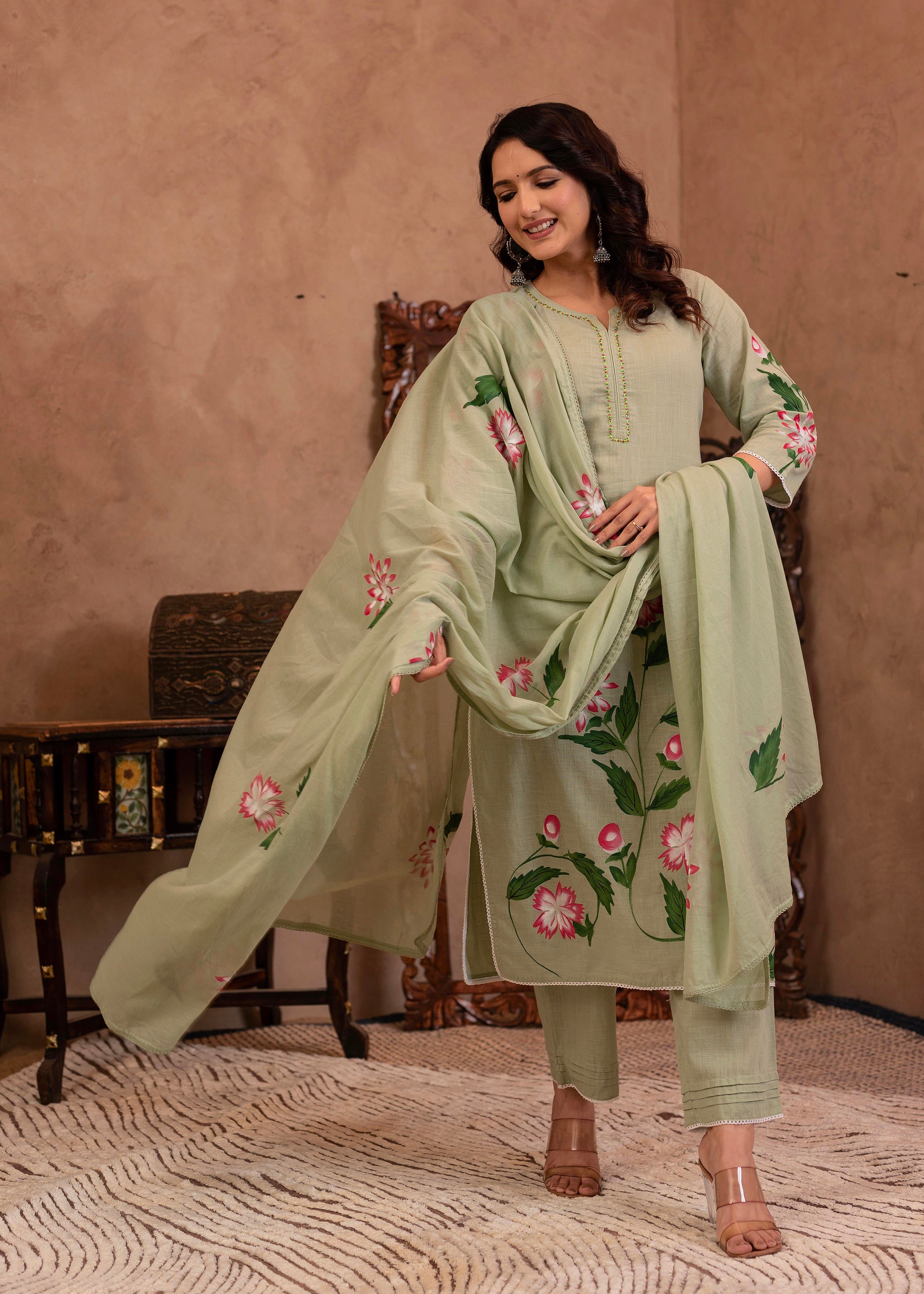 Mint Cotton Slub Floral Printed Kurta-Pant & Dupatta Set with Lace, Sequins & Bead Work