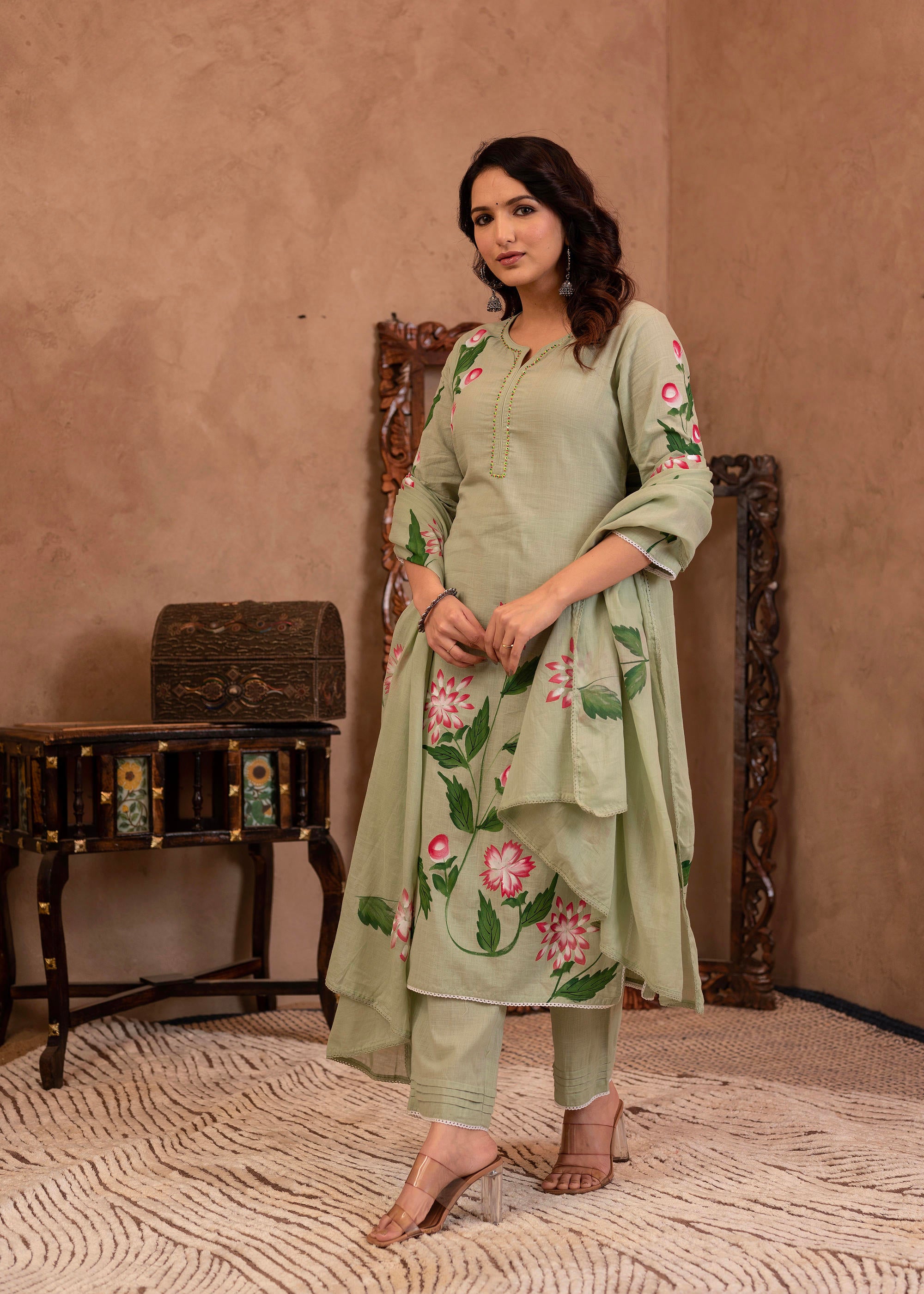 Mint Cotton Slub Floral Printed Kurta-Pant & Dupatta Set with Lace, Sequins & Bead Work