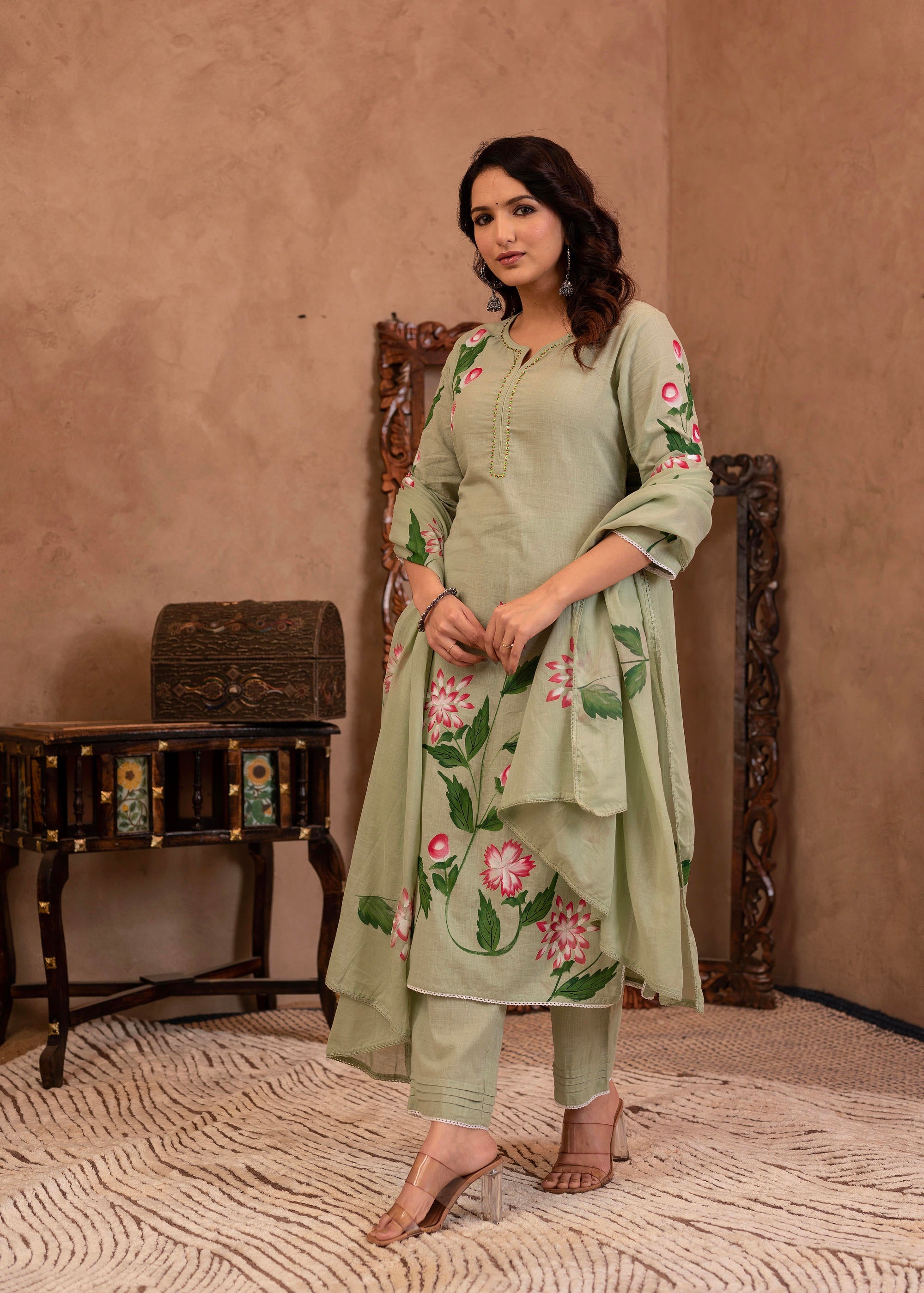 Mint Cotton Slub Floral Printed Kurta-Pant & Dupatta Set with Lace, Sequins & Bead Work