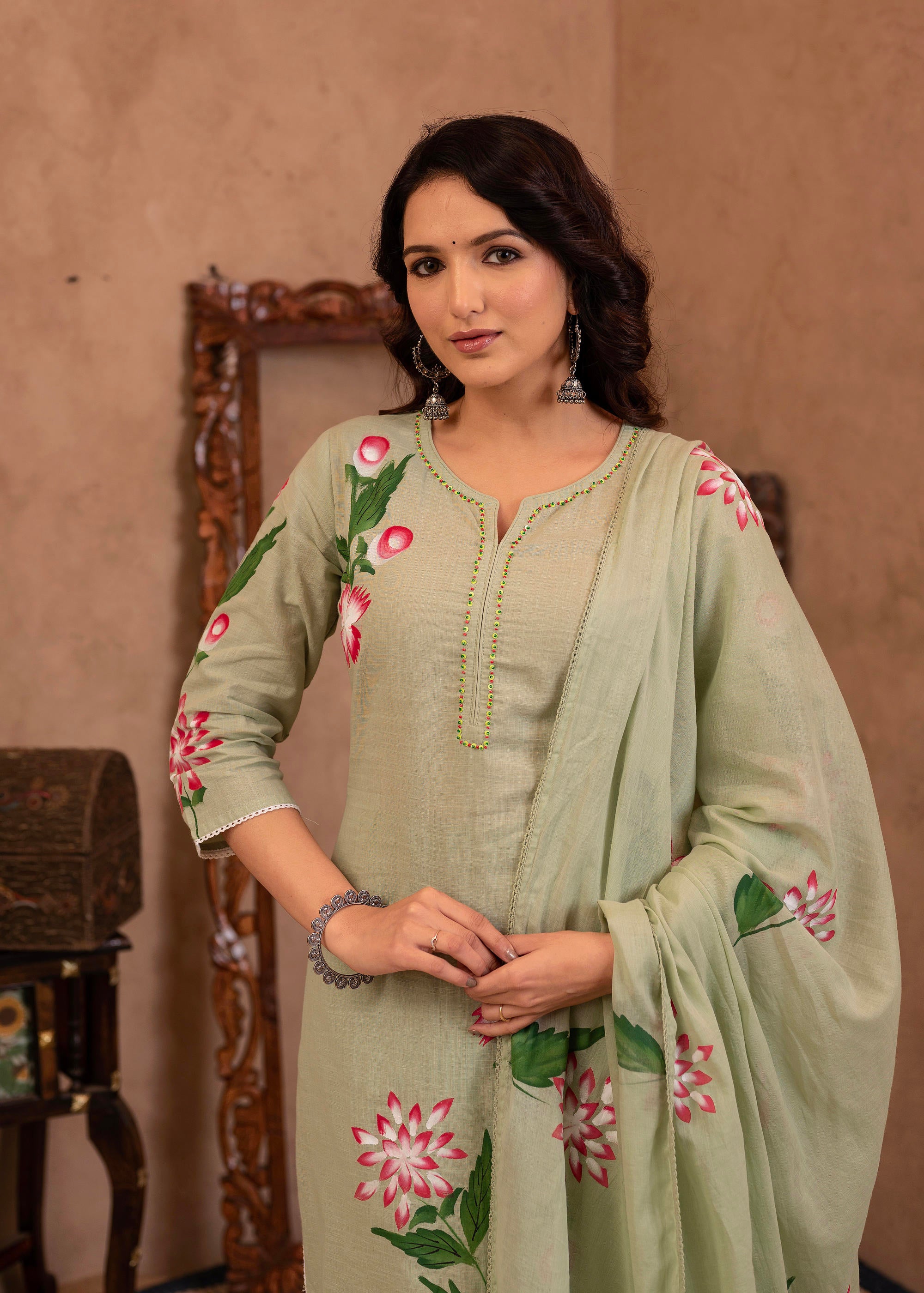 Mint Cotton Slub Floral Printed Kurta-Pant & Dupatta Set with Lace, Sequins & Bead Work