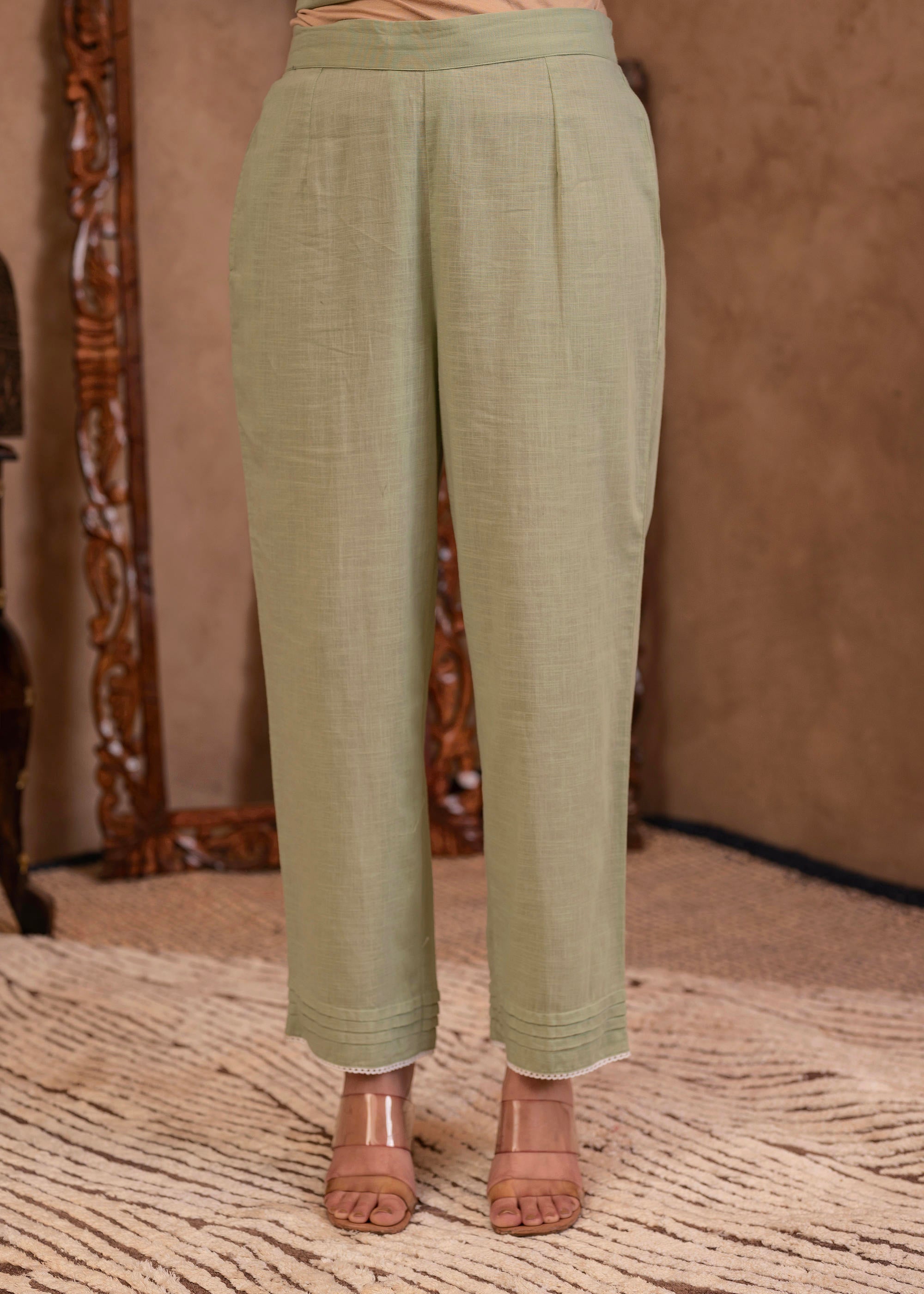 Mint Cotton Slub Floral Printed Kurta-Pant & Dupatta Set with Lace, Sequins & Bead Work
