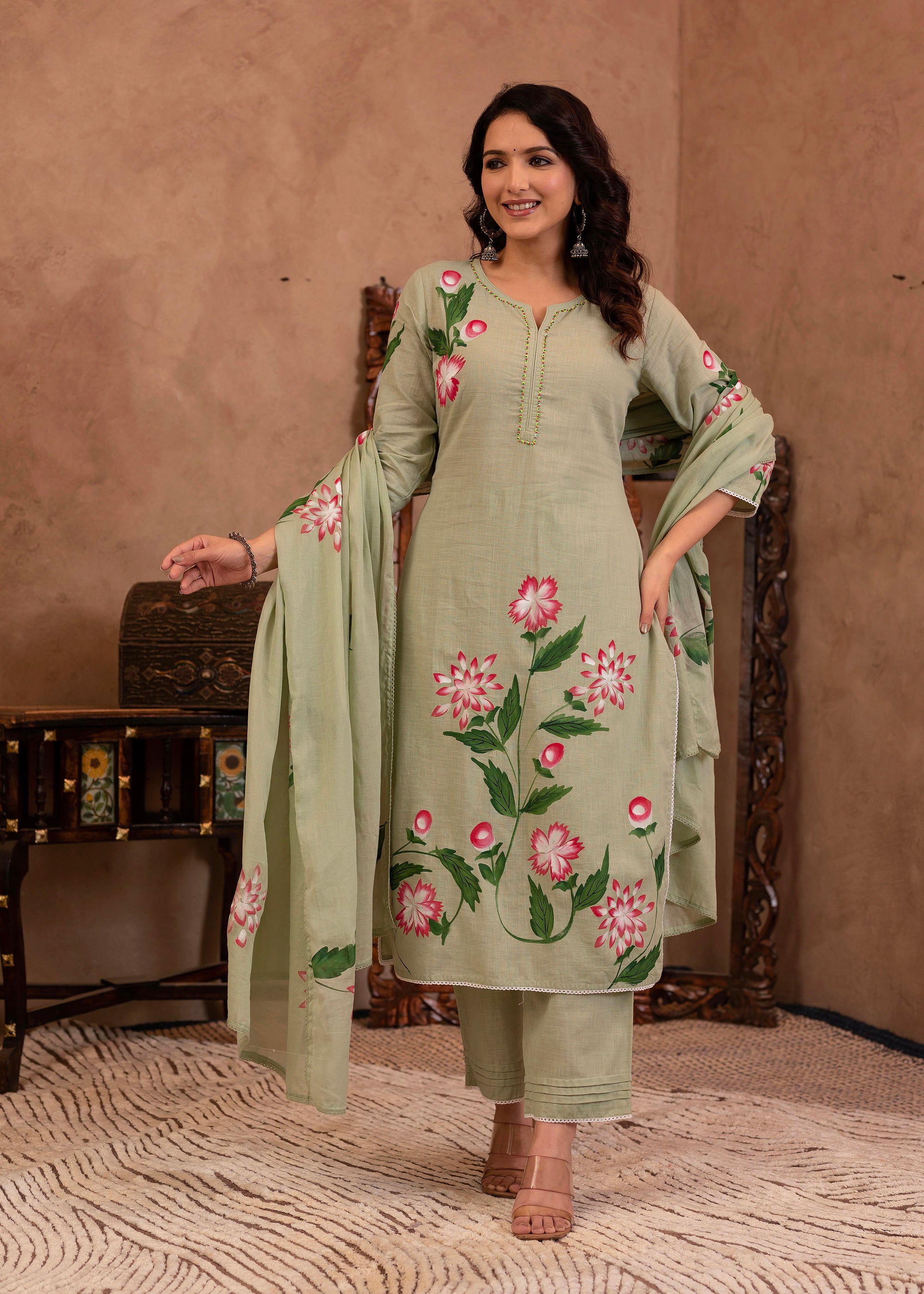 Mint Cotton Slub Floral Printed Kurta-Pant & Dupatta Set with Lace, Sequins & Bead Work