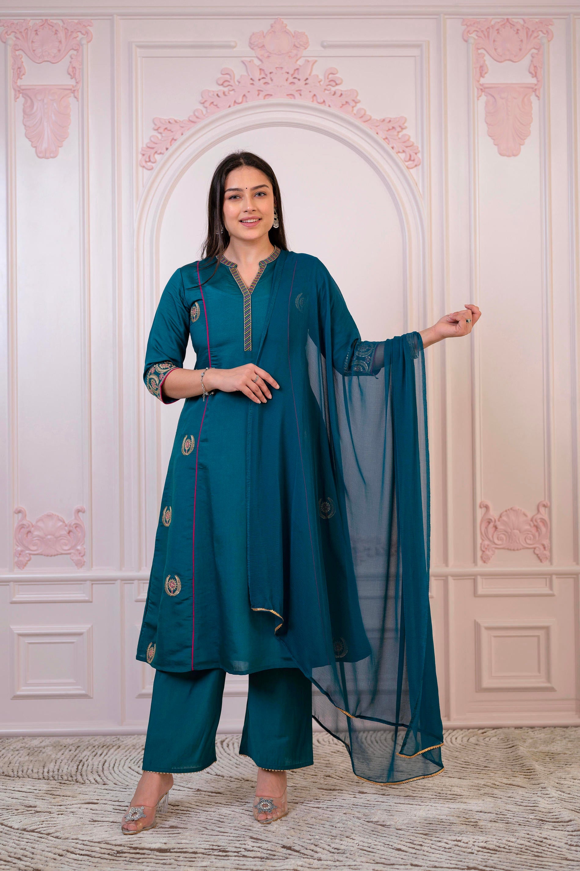 Teal Festive Kurta Set with Pant & Chiffon Dupatta – Sequin & Zari Detailing