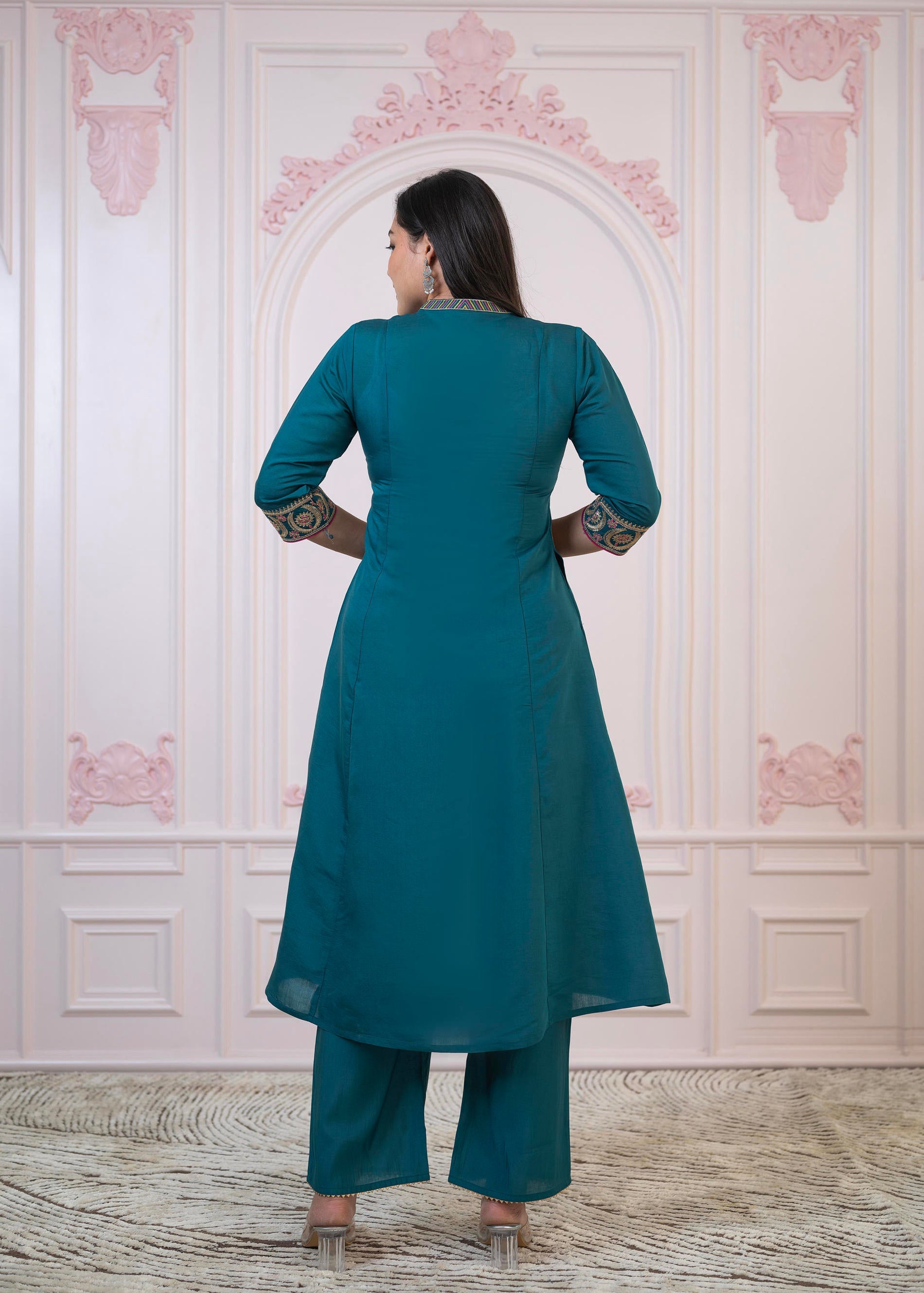 Teal Festive Kurta Set with Pant & Chiffon Dupatta – Sequin & Zari Detailing