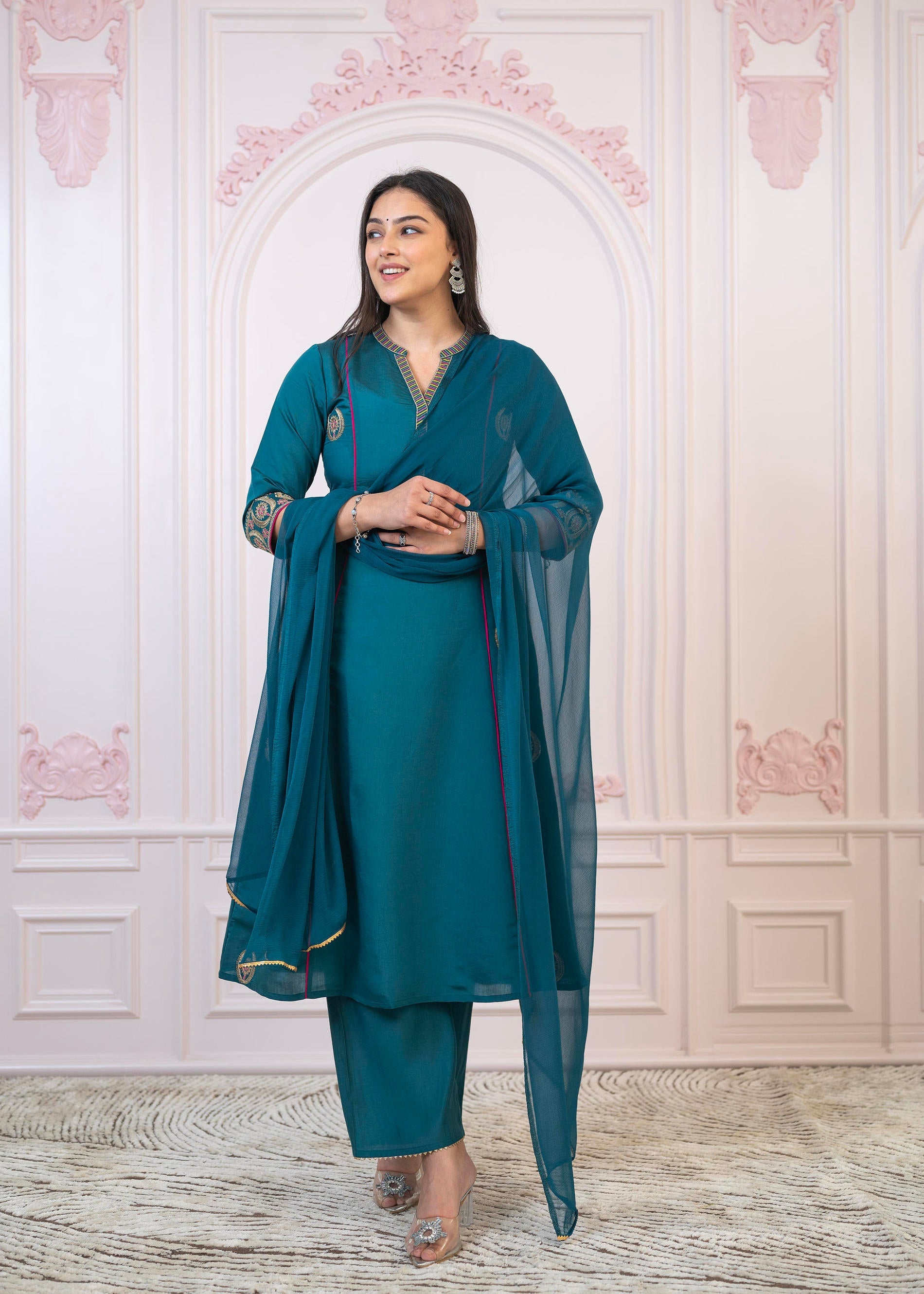 Teal Festive Kurta Set with Pant & Chiffon Dupatta – Sequin & Zari Detailing