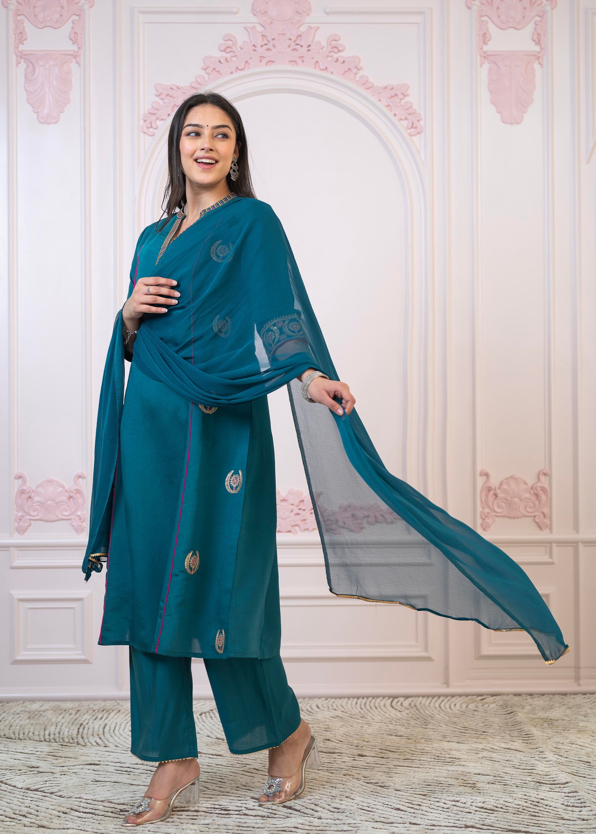 Teal Festive Kurta Set with Pant & Chiffon Dupatta – Sequin & Zari Detailing