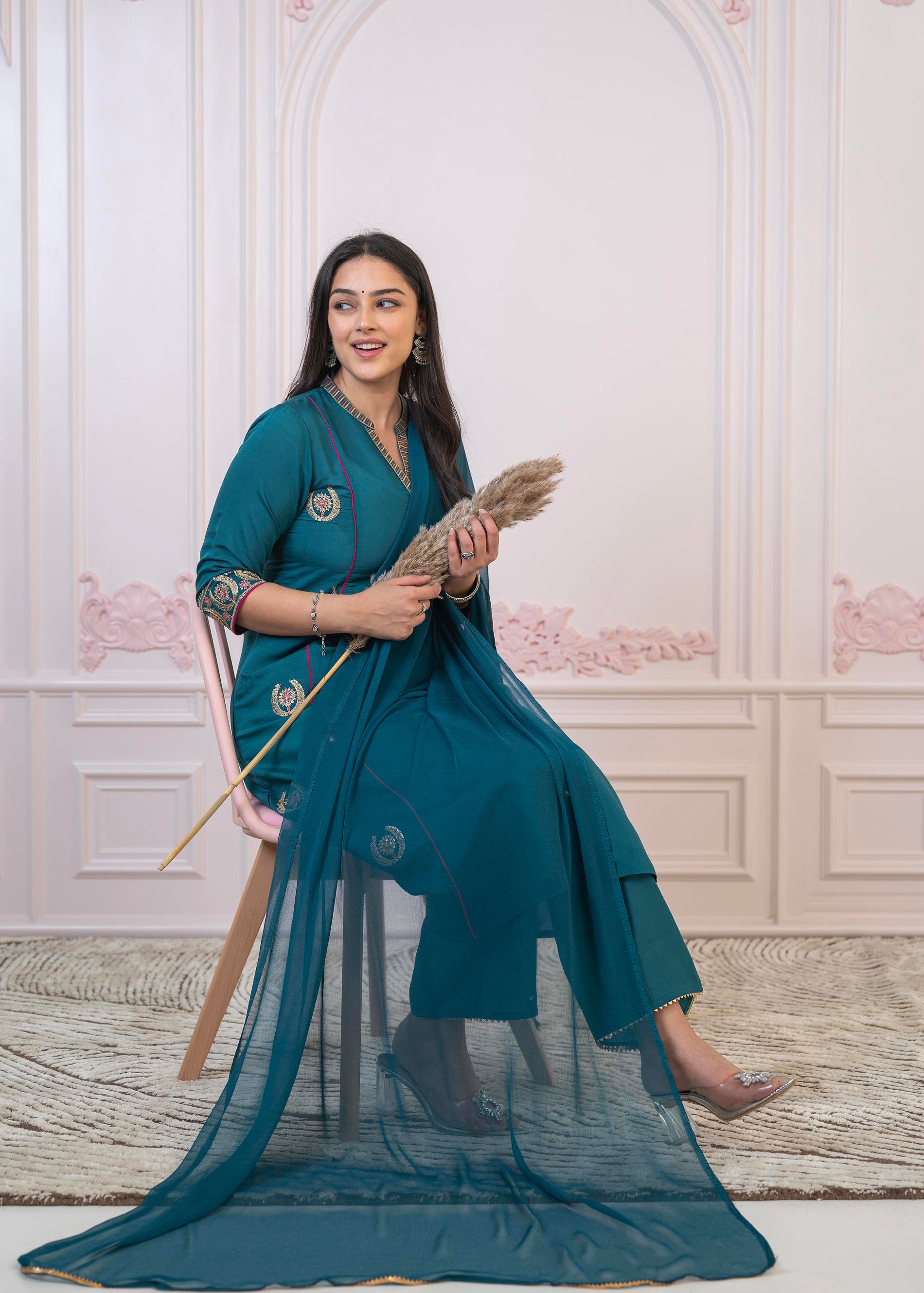 Teal Festive Kurta Set with Pant & Chiffon Dupatta – Sequin & Zari Detailing