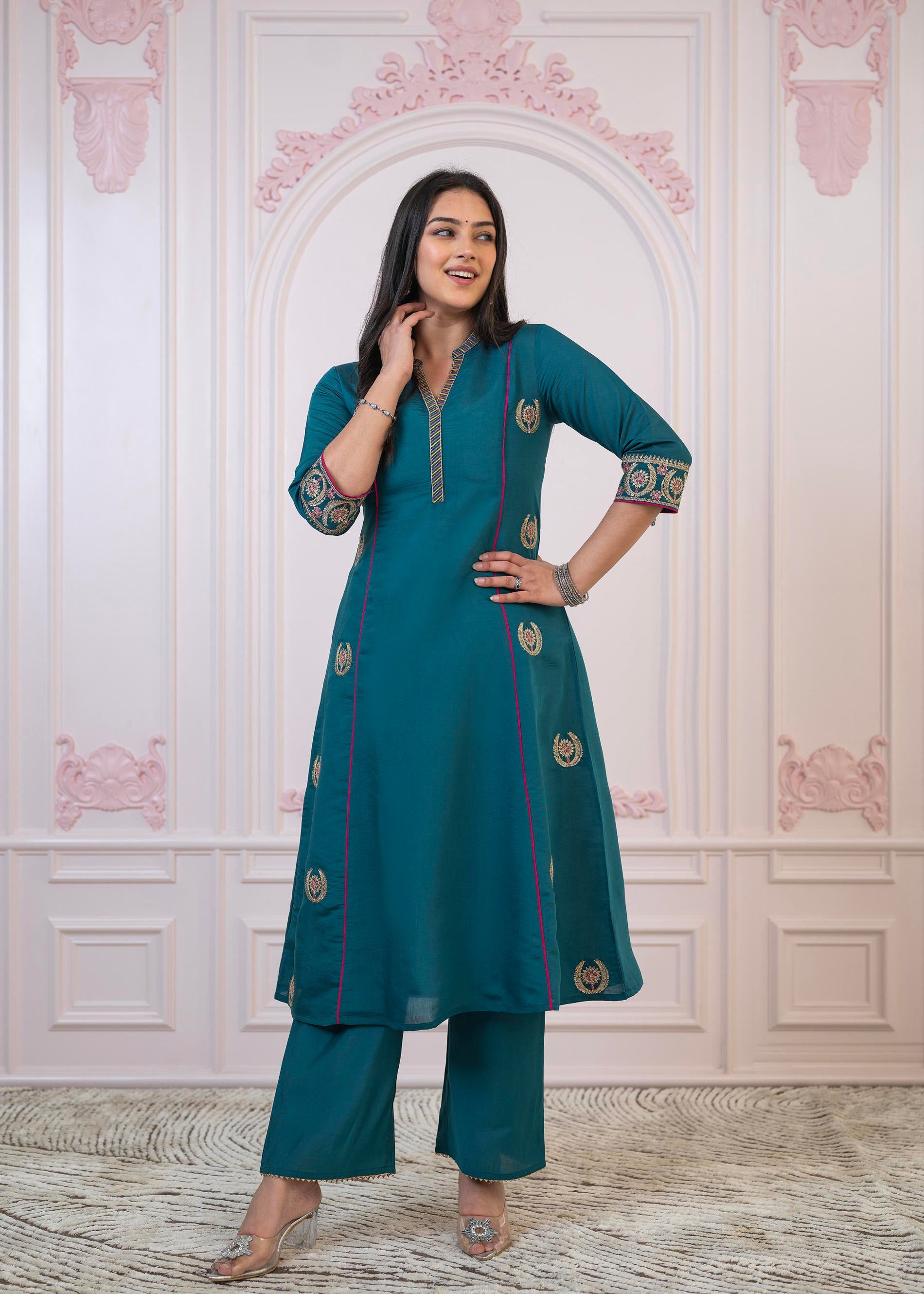 Teal Festive Kurta Set with Pant & Chiffon Dupatta – Sequin & Zari Detailing