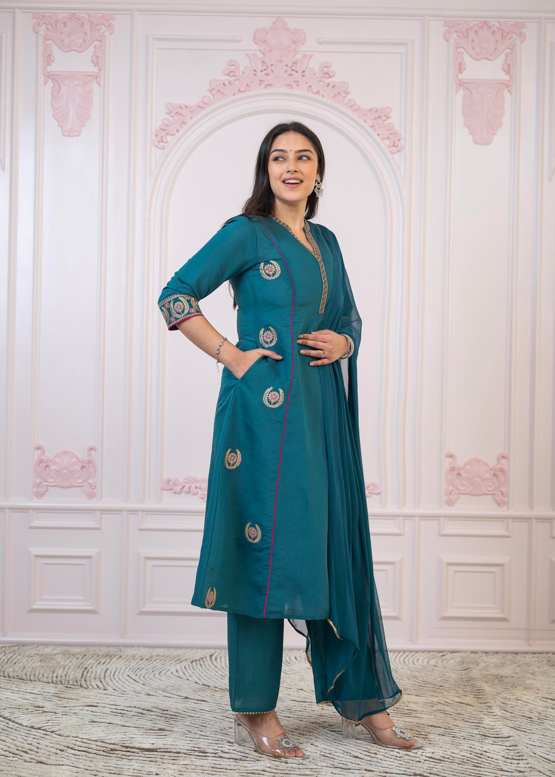 Teal Festive Kurta Set with Pant & Chiffon Dupatta – Sequin & Zari Detailing
