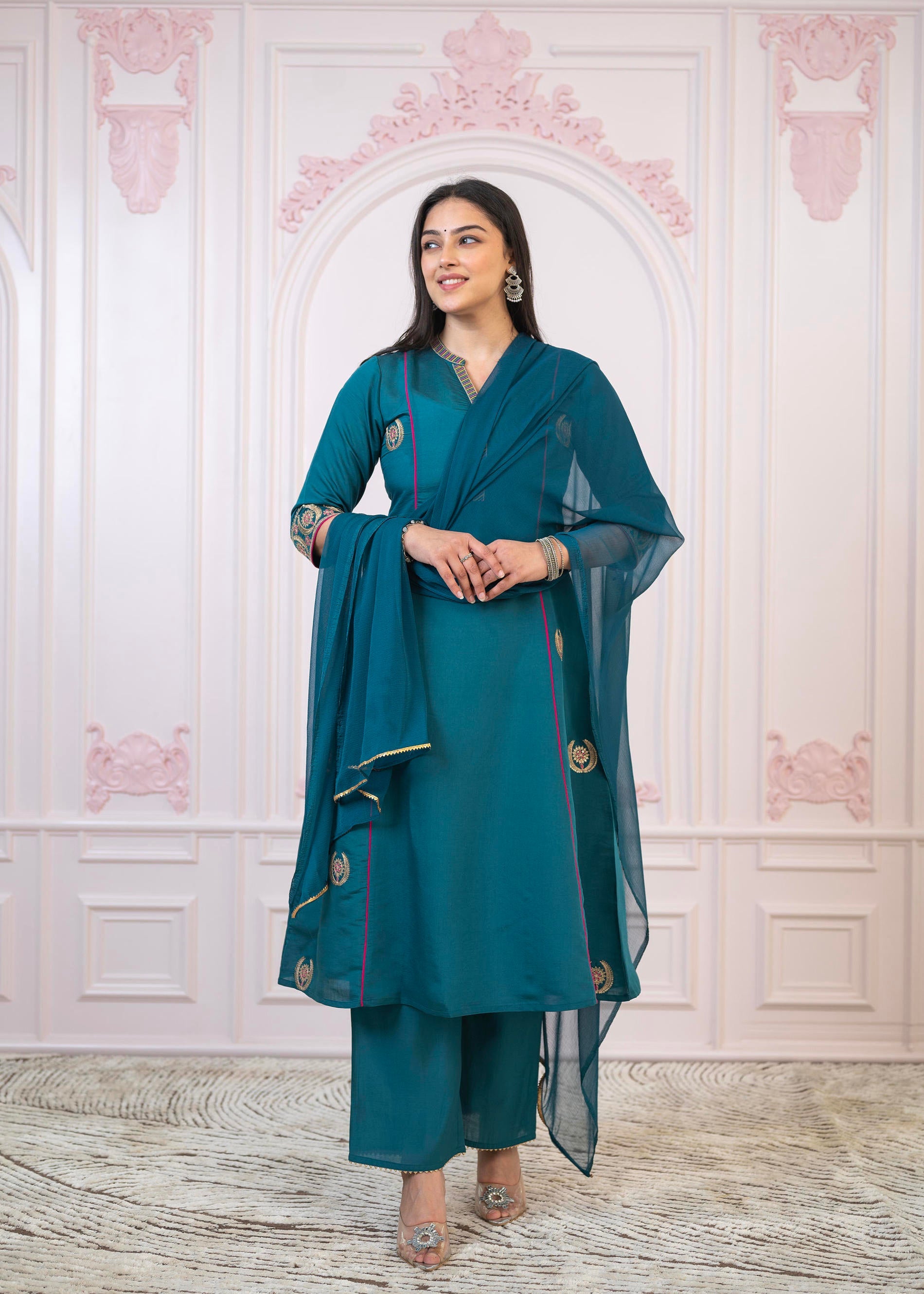 Teal Festive Kurta Set with Pant & Chiffon Dupatta – Sequin & Zari Detailing