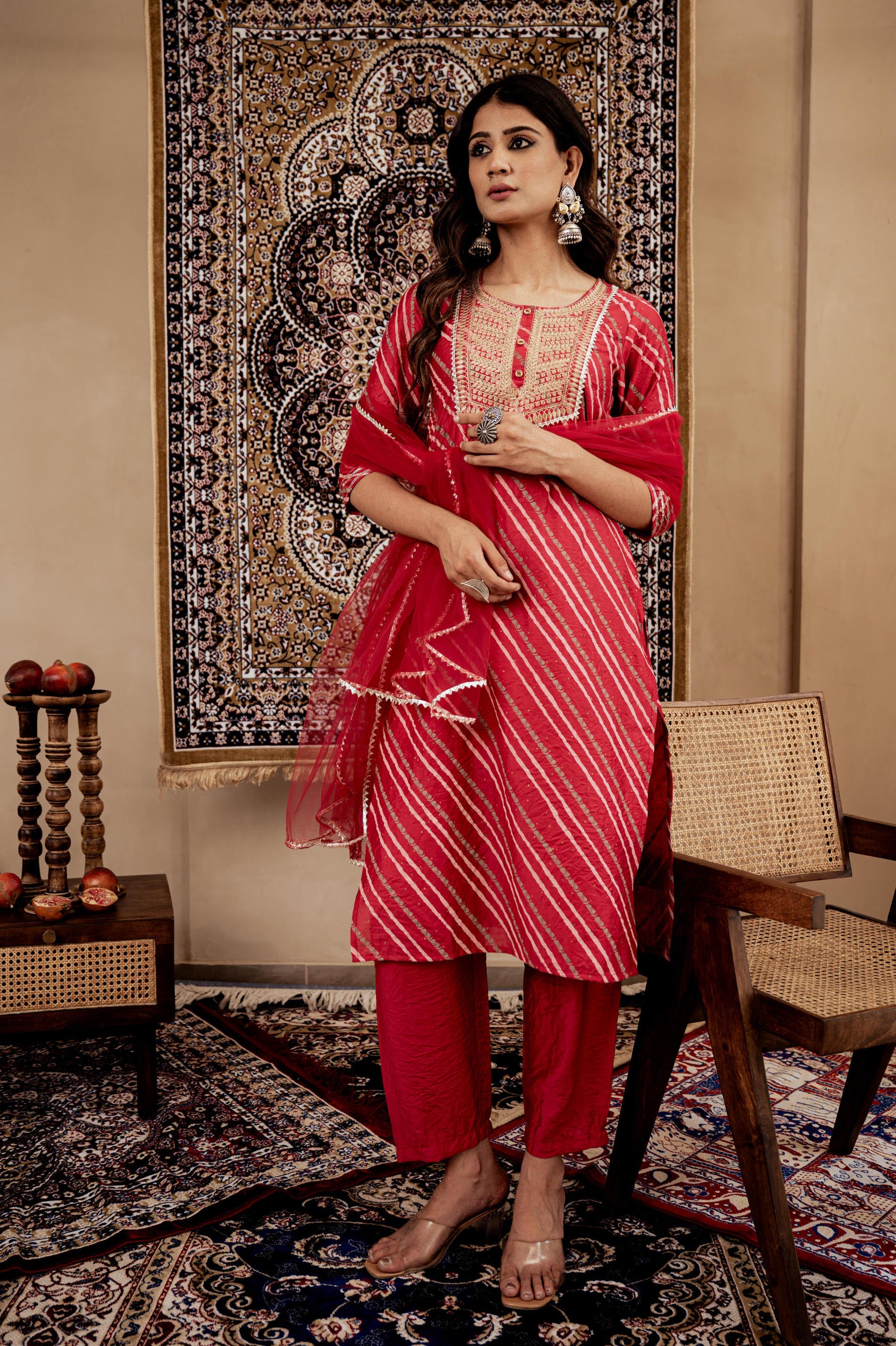 Maroon Bandhej Print Kurta Set with Embroidered Yoke and Net Dupatta