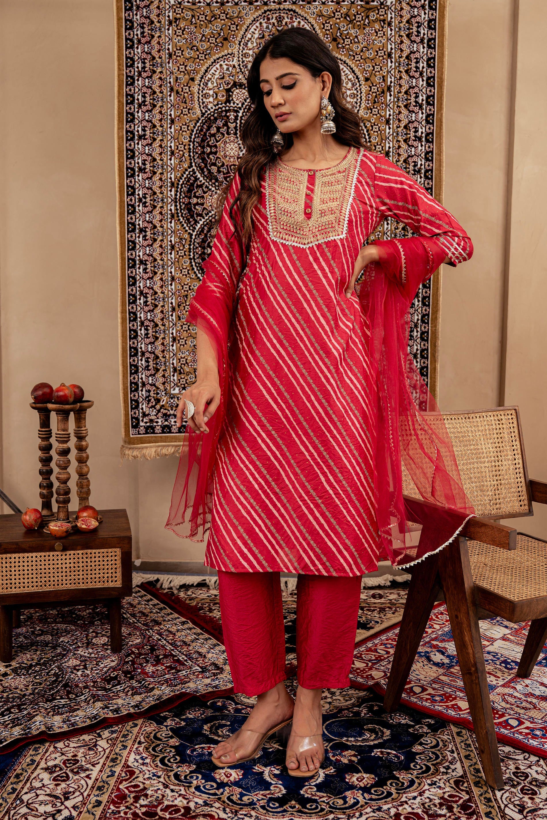 Maroon Bandhej Print Kurta Set with Embroidered Yoke and Net Dupatta