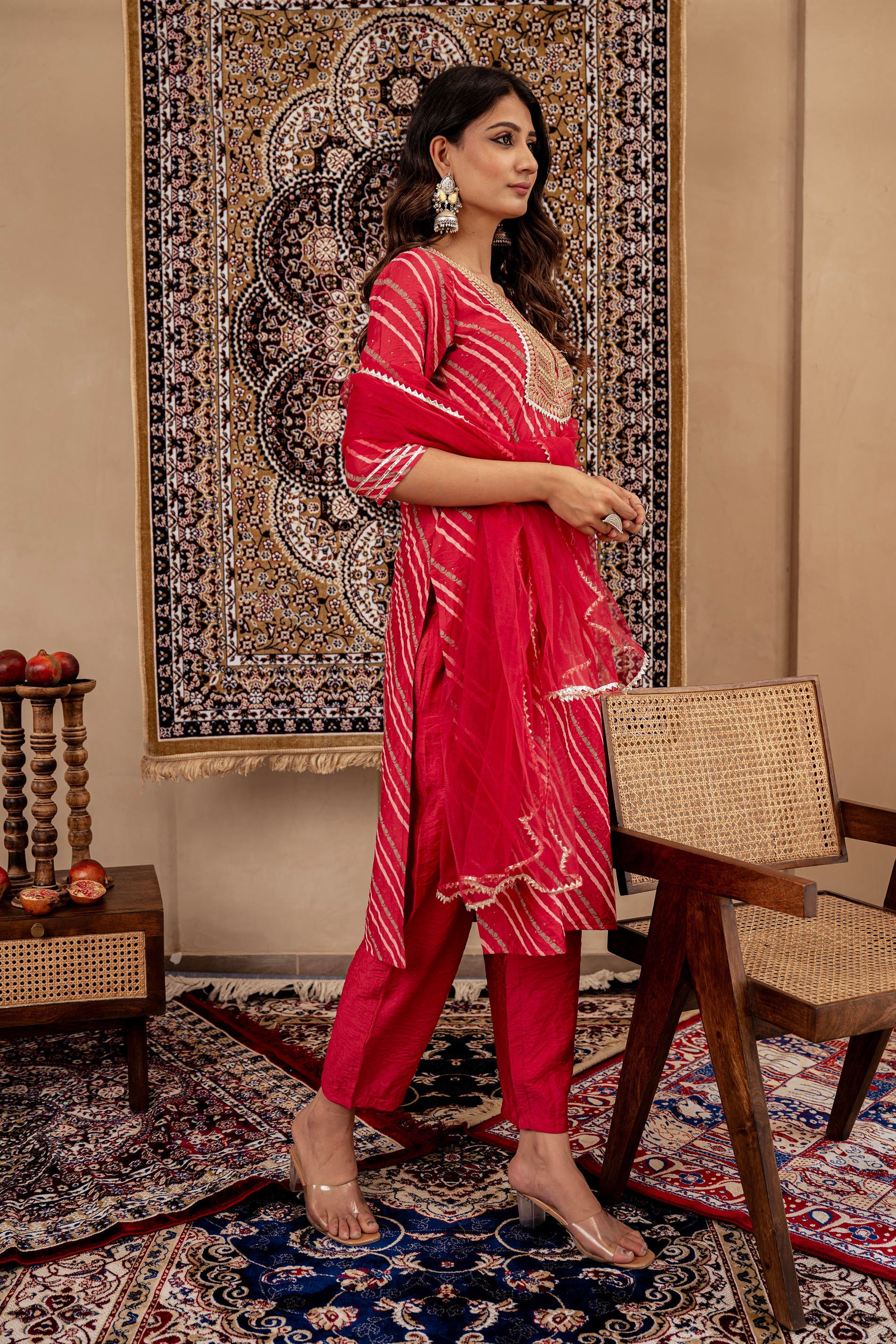 Maroon Bandhej Print Kurta Set with Embroidered Yoke and Net Dupatta