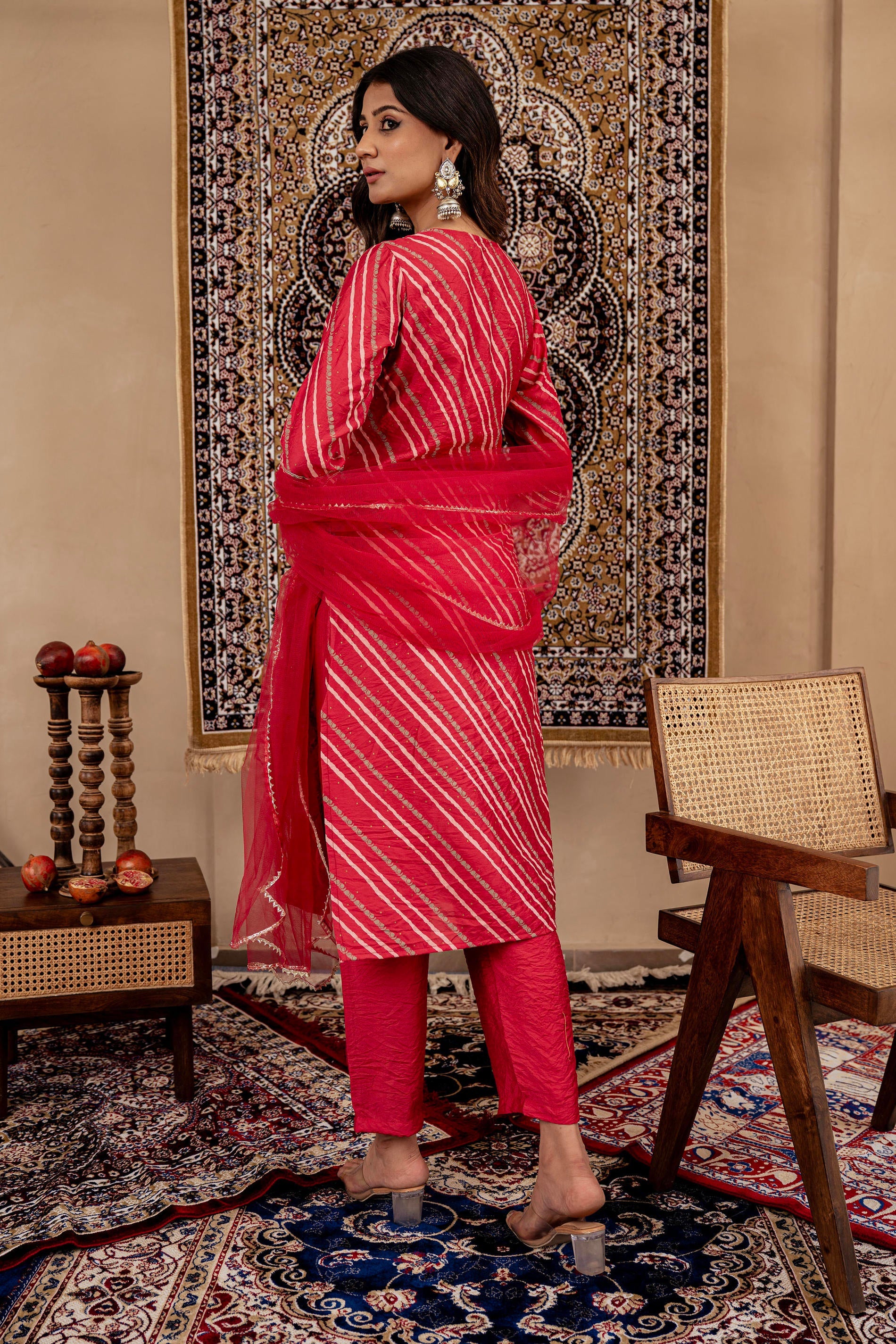 Maroon Bandhej Print Kurta Set with Embroidered Yoke and Net Dupatta