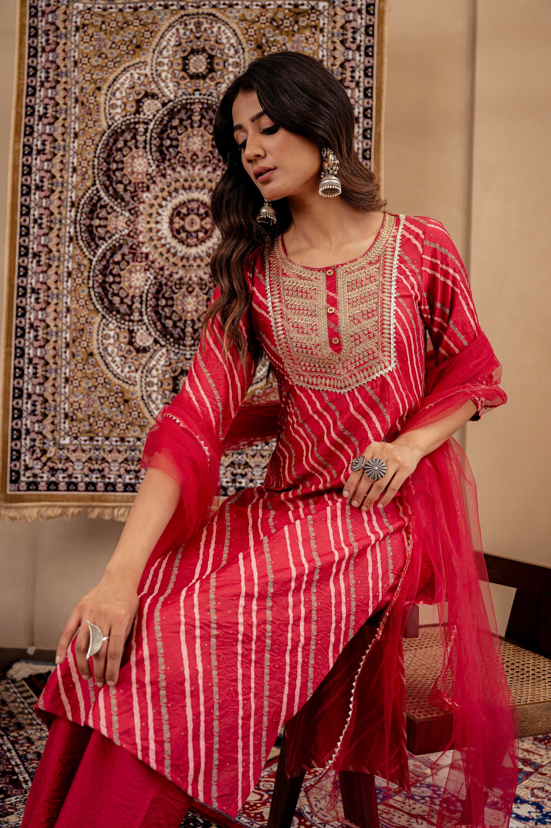 Maroon Bandhej Print Kurta Set with Embroidered Yoke and Net Dupatta