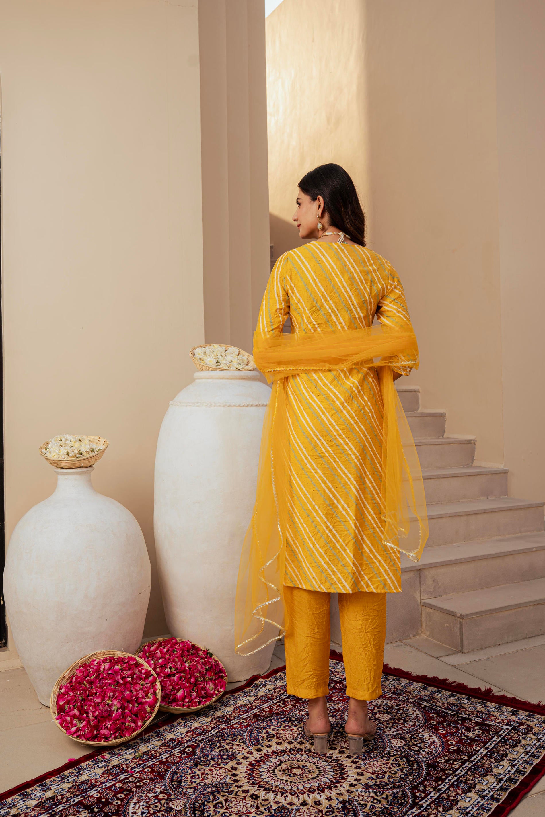 Yellow Bandhej Print Kurta Set with Embroidered Yoke and Net Dupatta
