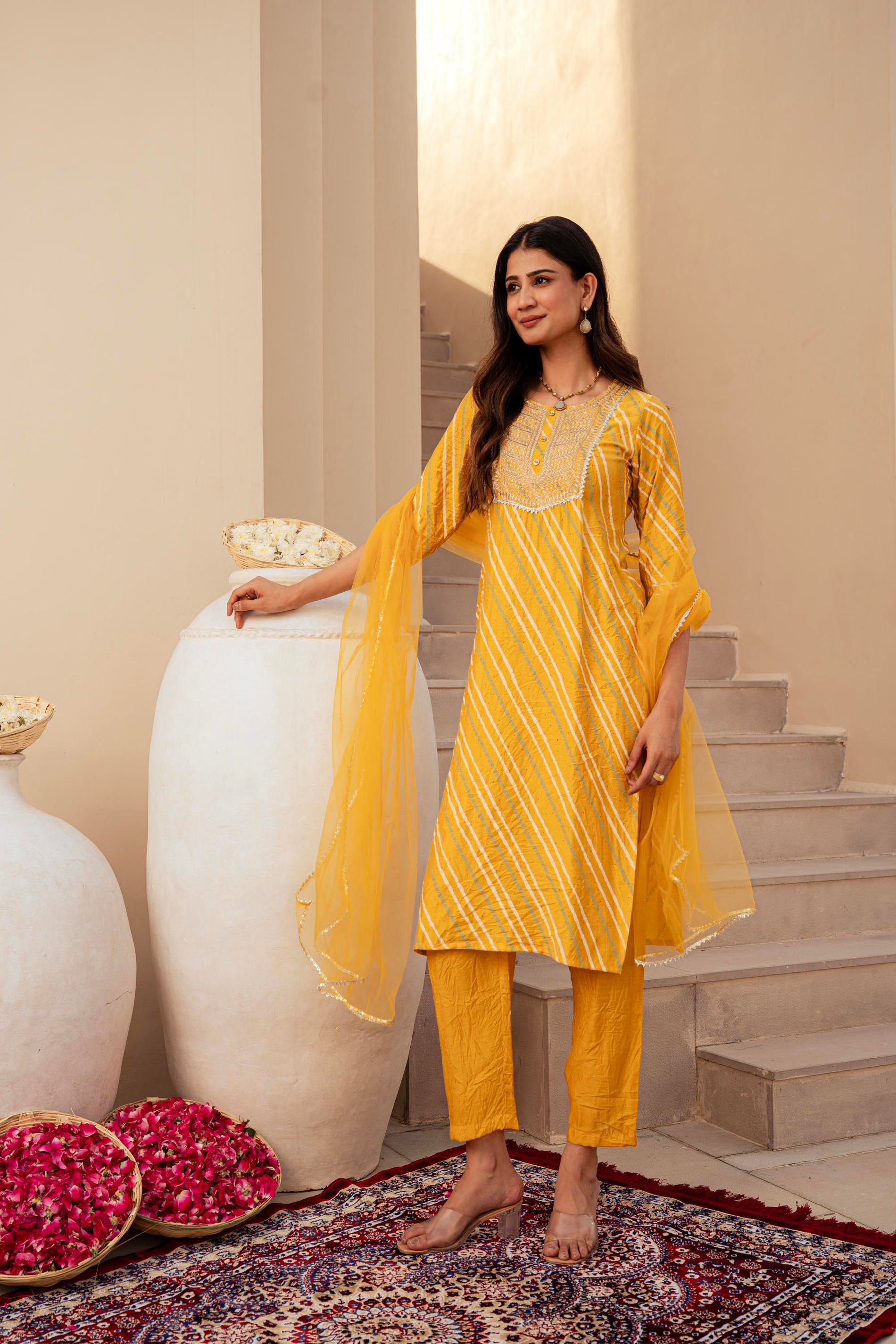 Yellow Bandhej Print Kurta Set with Embroidered Yoke and Net Dupatta