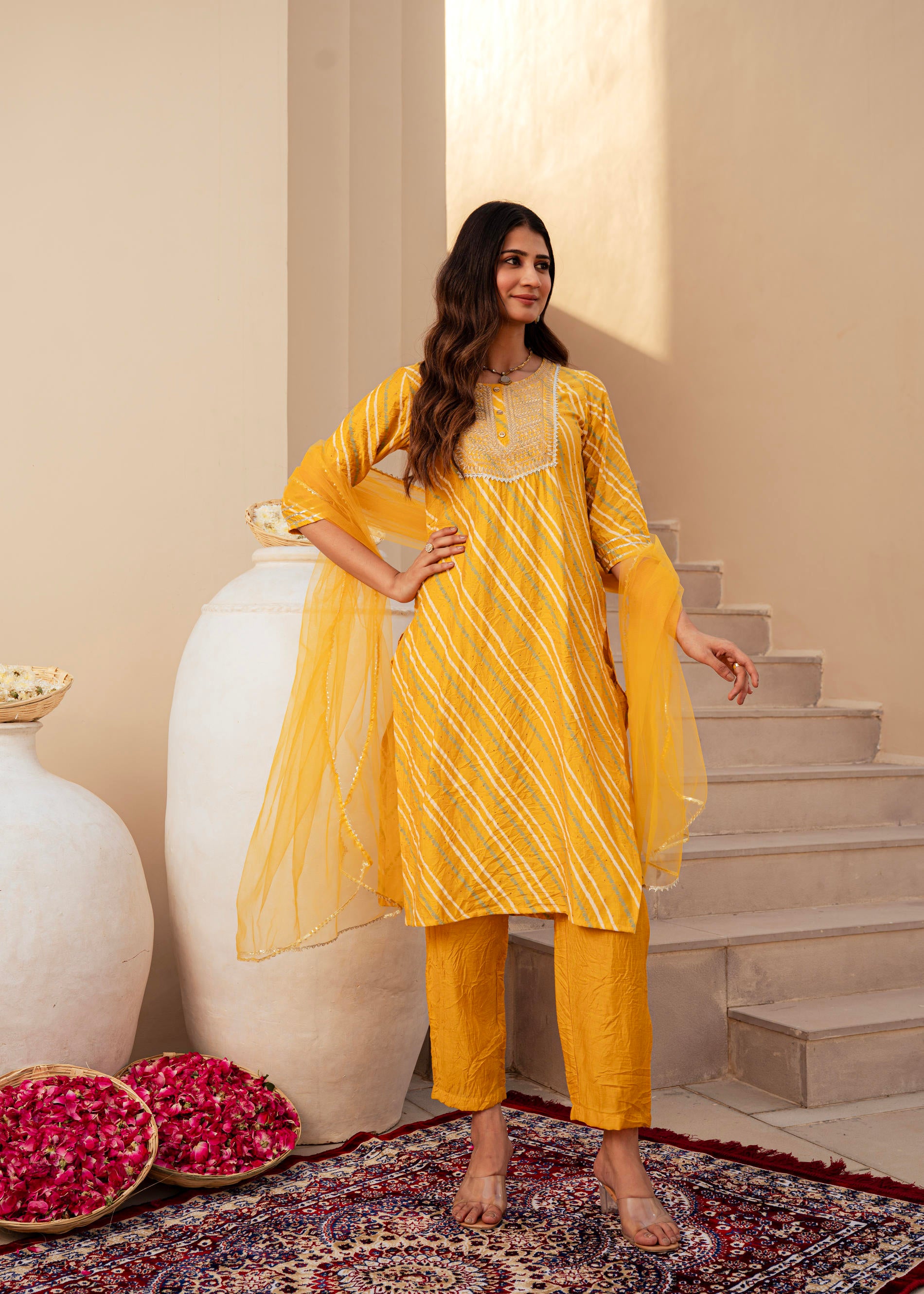 Yellow Bandhej Print Kurta Set with Embroidered Yoke and Net Dupatta