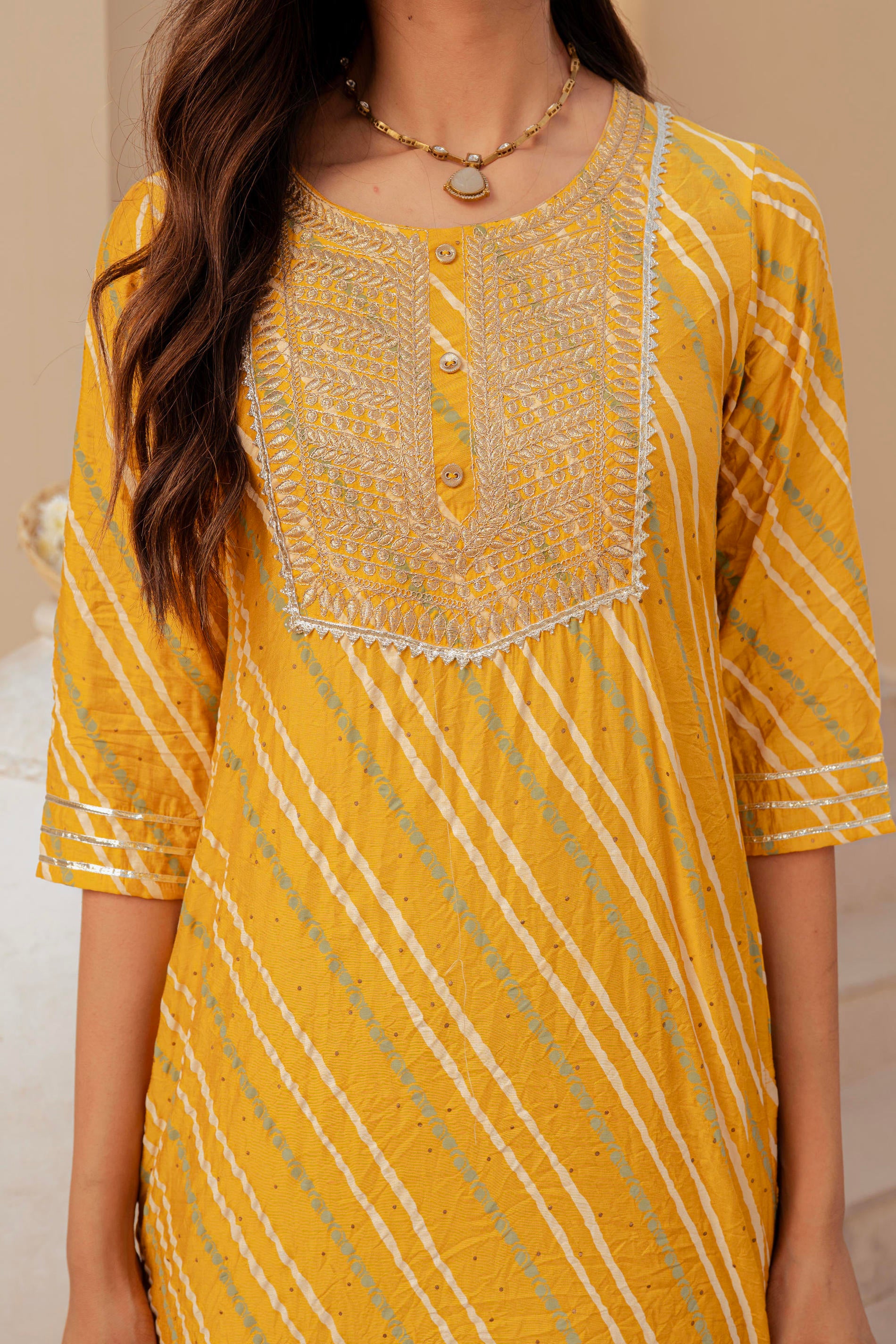 Yellow Bandhej Print Kurta Set with Embroidered Yoke and Net Dupatta