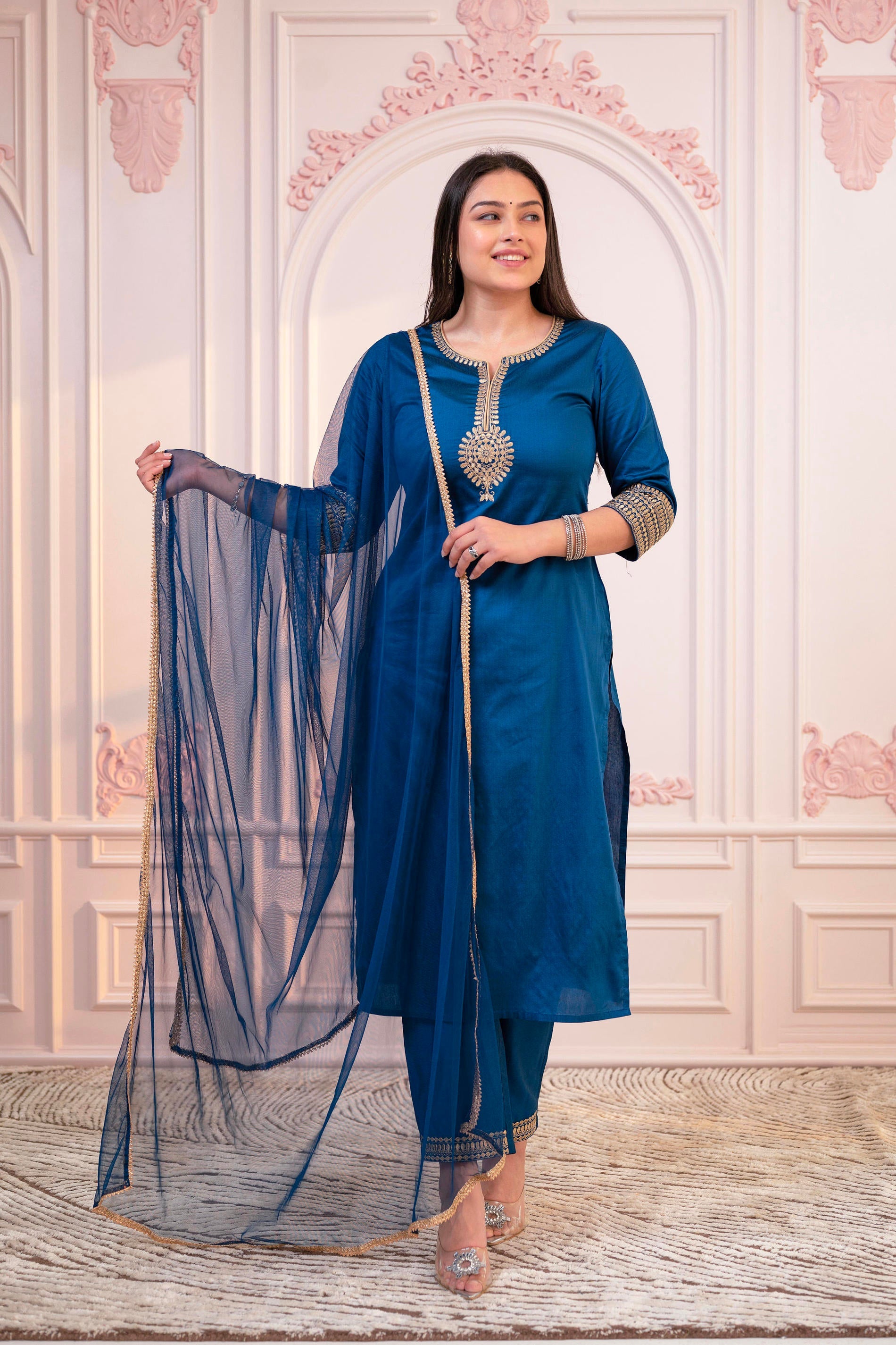 Royal Blue Embellished Kurta Set with Net Dupatta and Mirror Embroidery