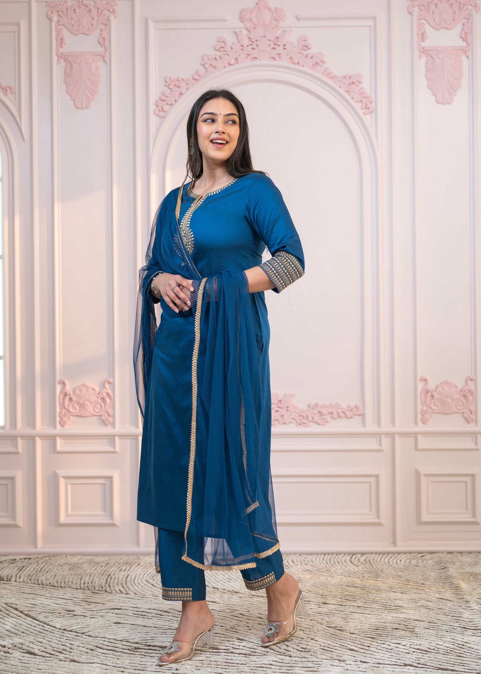 Royal Blue Embellished Kurta Set with Net Dupatta and Mirror Embroidery