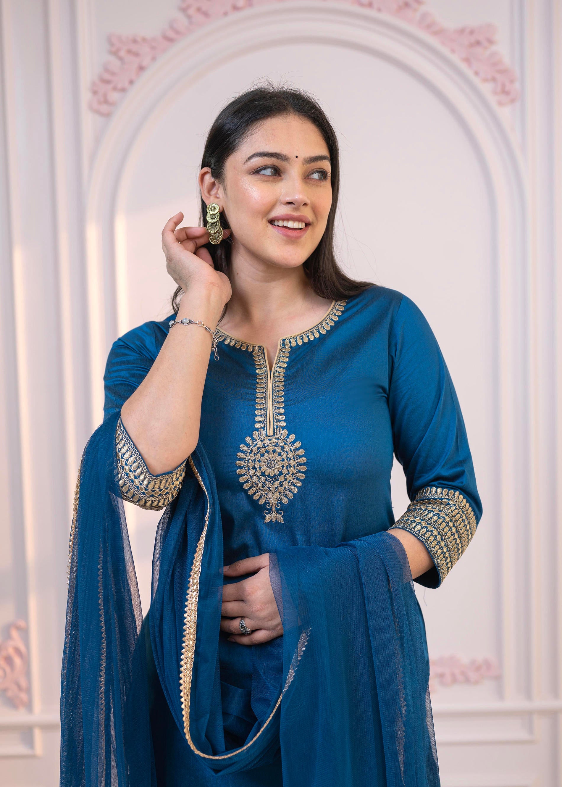 Royal Blue Embellished Kurta Set with Net Dupatta and Mirror Embroidery