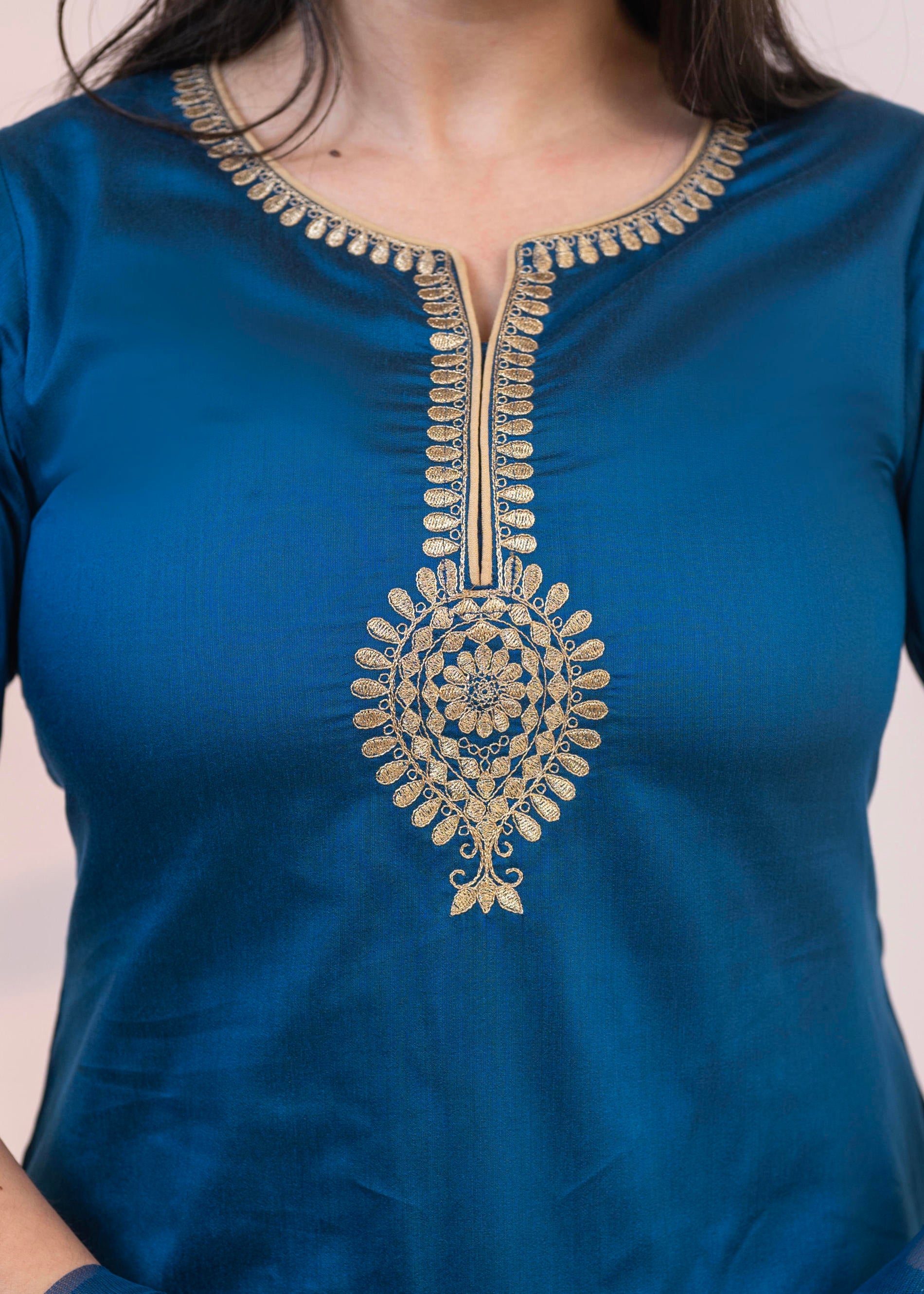 Royal Blue Embellished Kurta Set with Net Dupatta and Mirror Embroidery