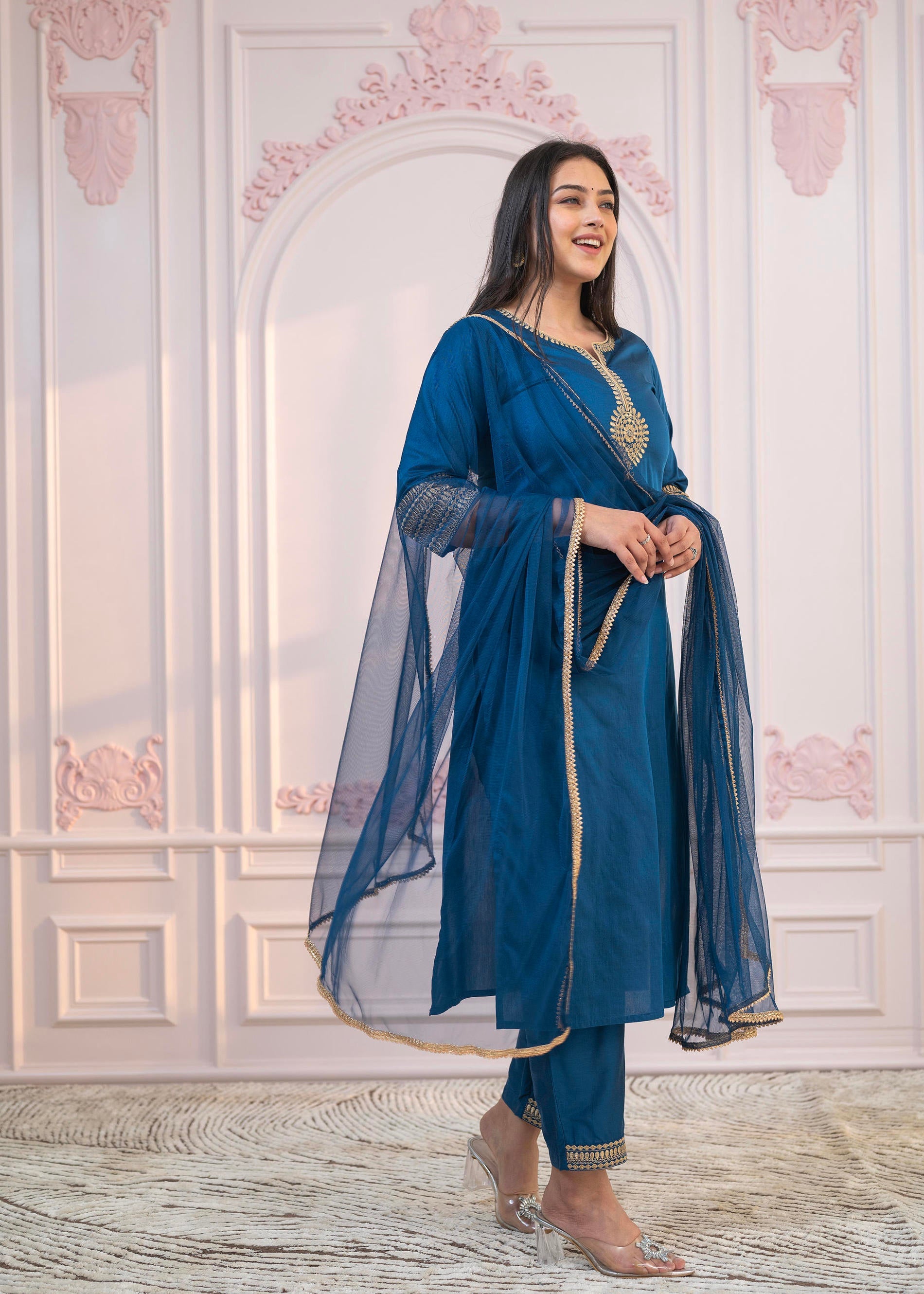 Royal Blue Embellished Kurta Set with Net Dupatta and Mirror Embroidery