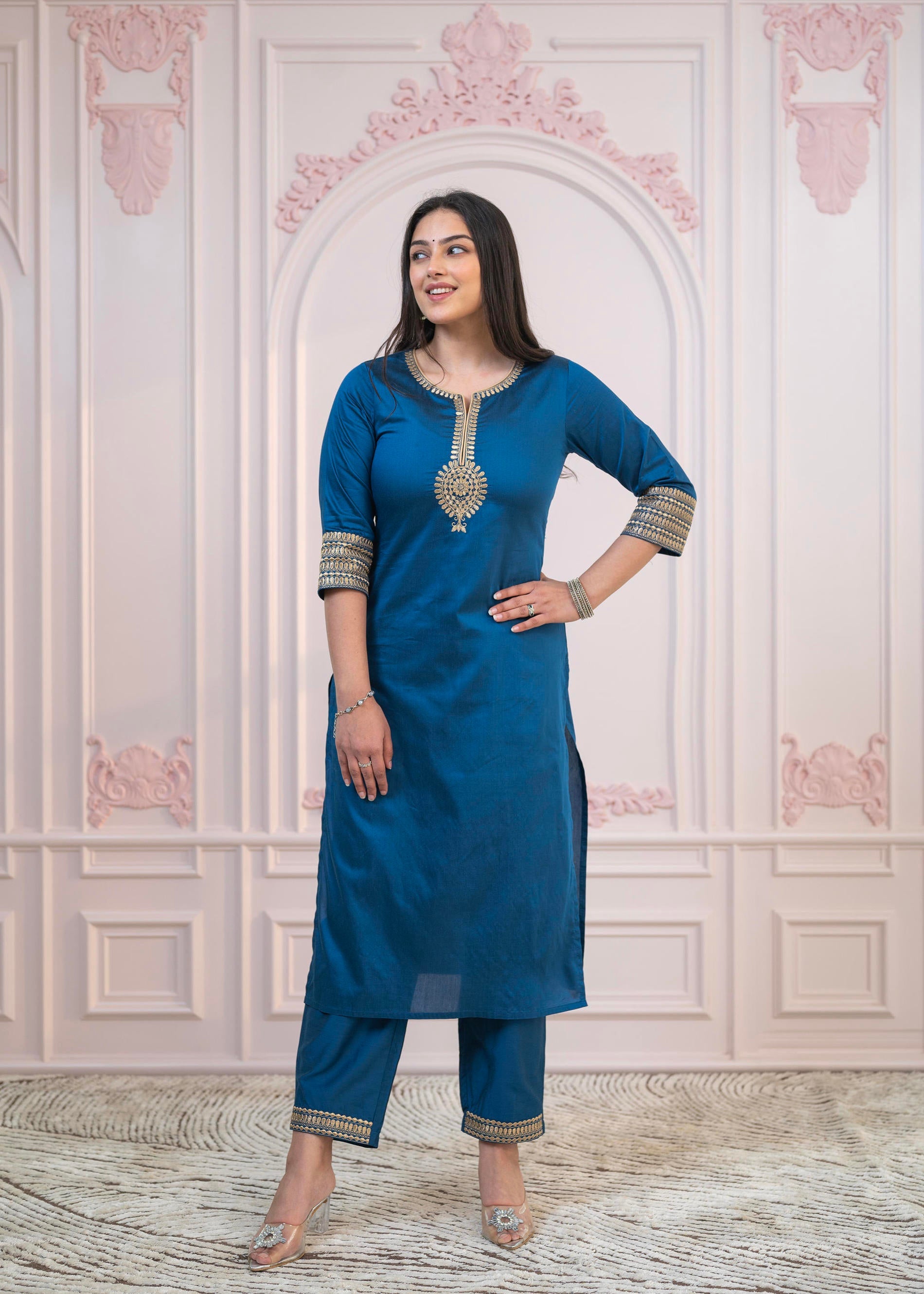 Royal Blue Embellished Kurta Set with Net Dupatta and Mirror Embroidery